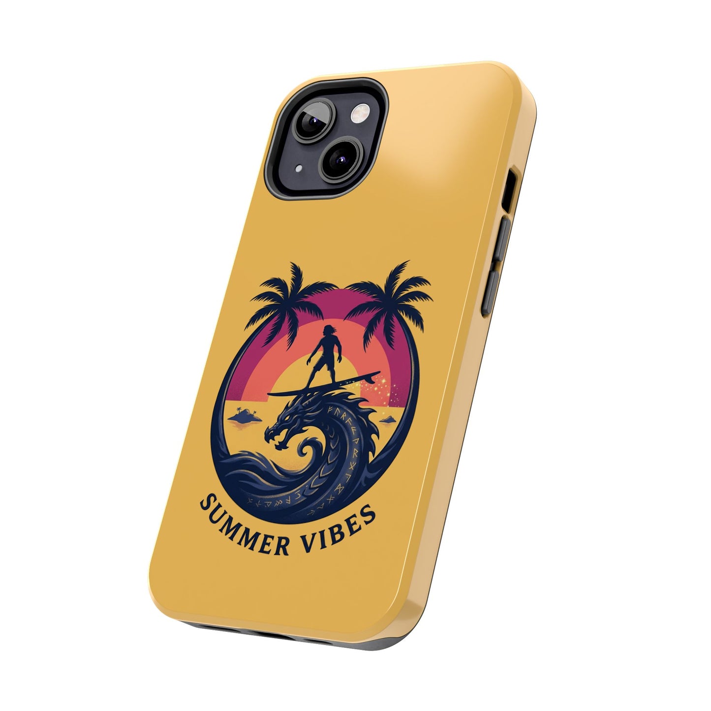 Surfing Dragon Phone Case — Silhouette Surfer with Palms & “Summer Vibes”