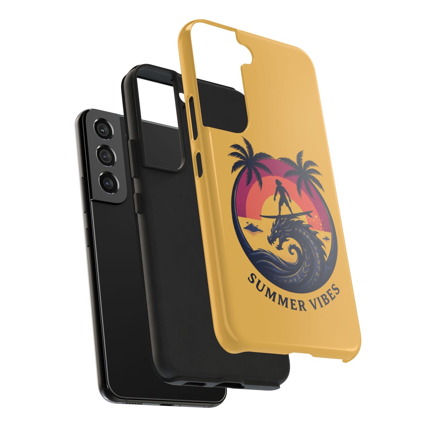 Surfing Dragon Phone Case — Silhouette Surfer with Palms & “Summer Vibes”