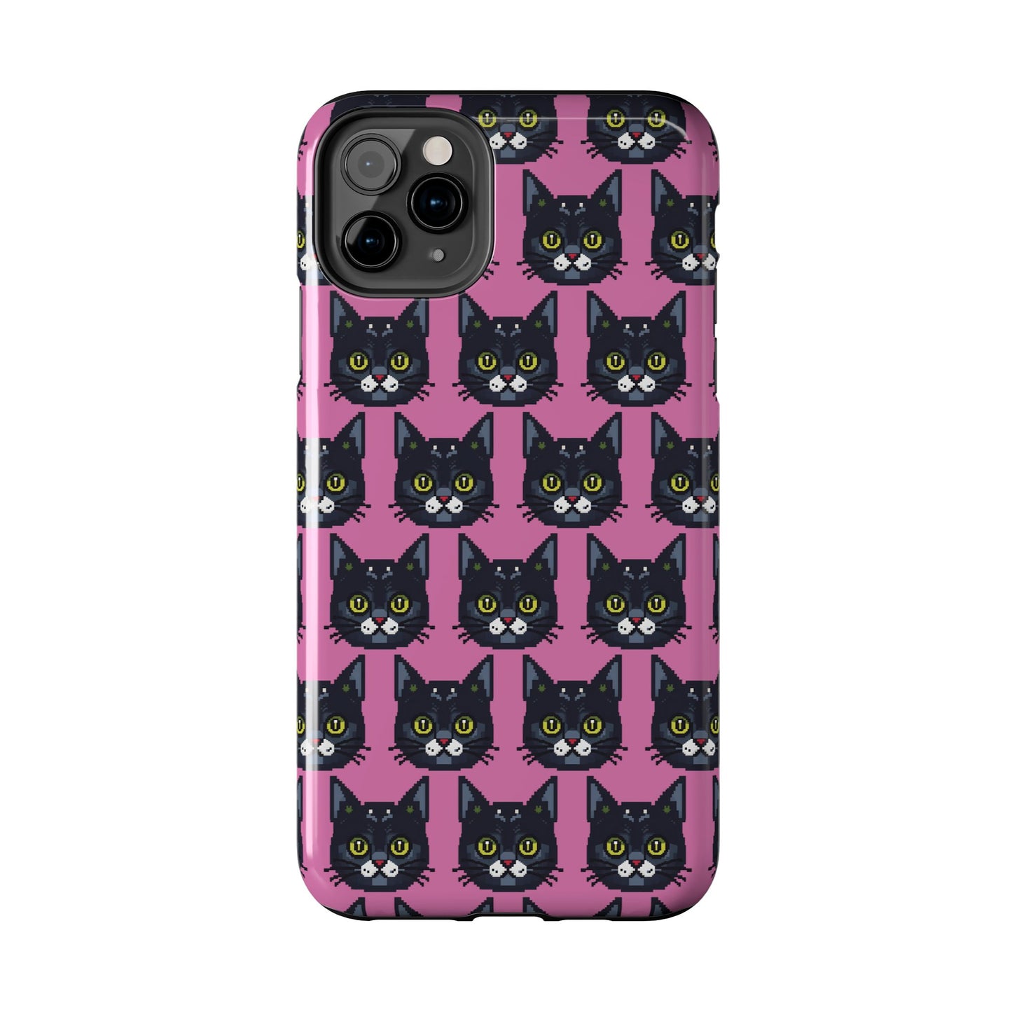 Playful Black Cat on Pink - Tough Phone Case - Pixel Cat Pattern - for iPhone