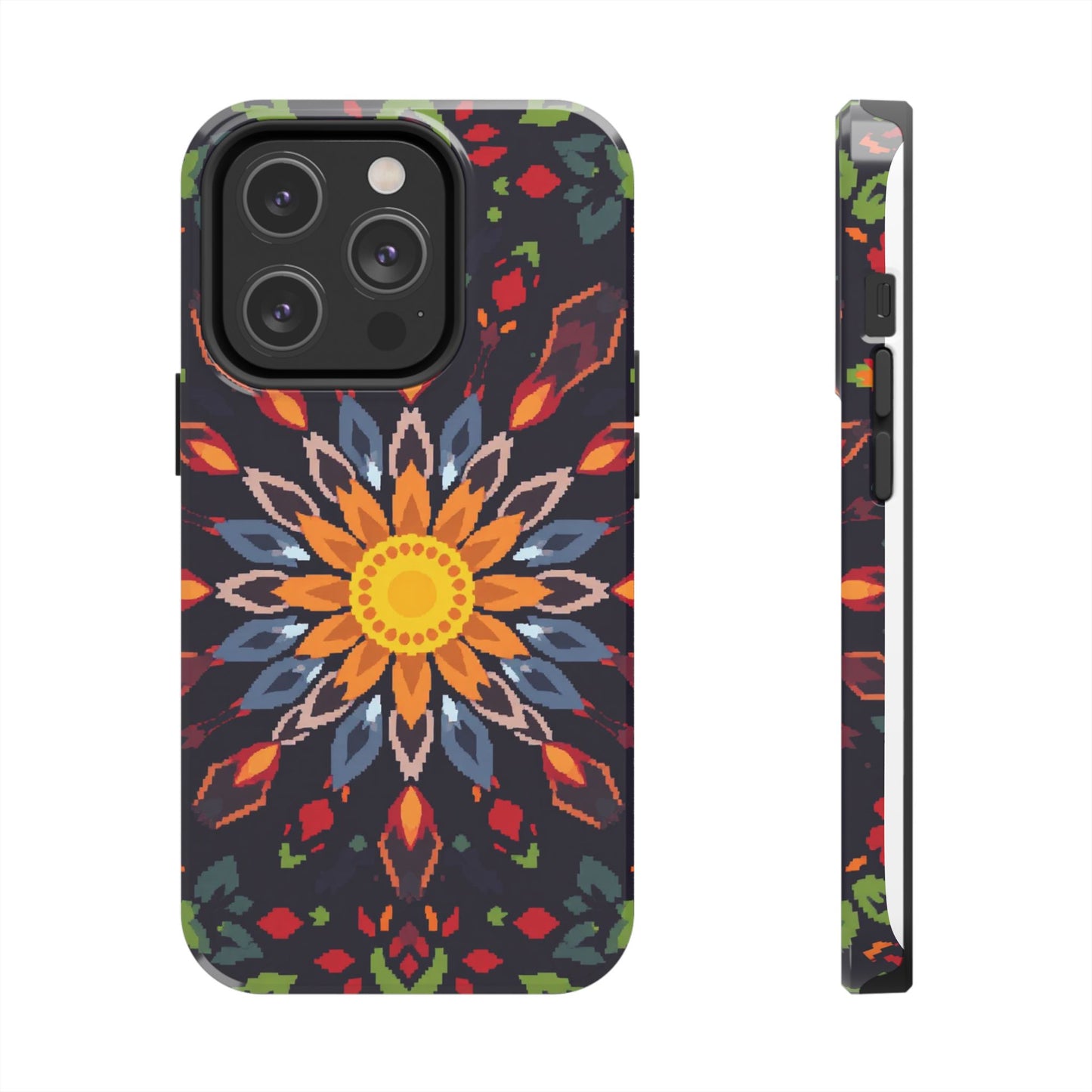 Pixel Art Floral Tough Phone Case - Pixelated Mandala Design for iPhone