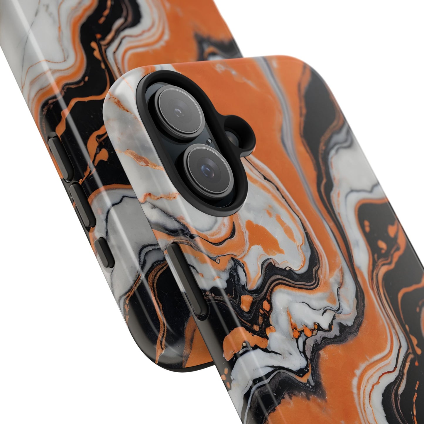 Stylish Tough Phone Case - Elegant Black, White & Orange Marble Design - for iPhone