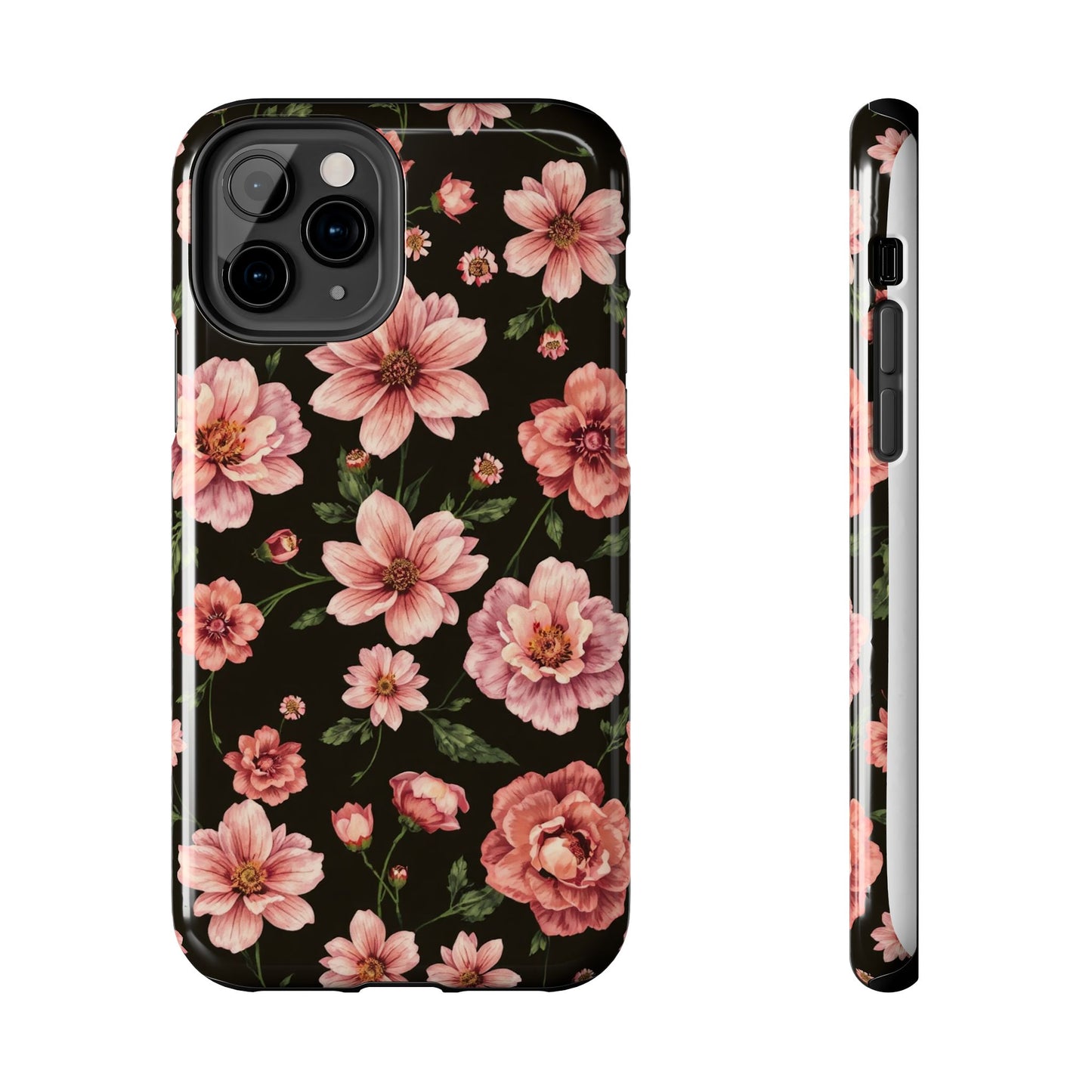 Floral Tough Phone Case - Durable Protection with Elegant Pink Flowers on Black Design - for iPhone