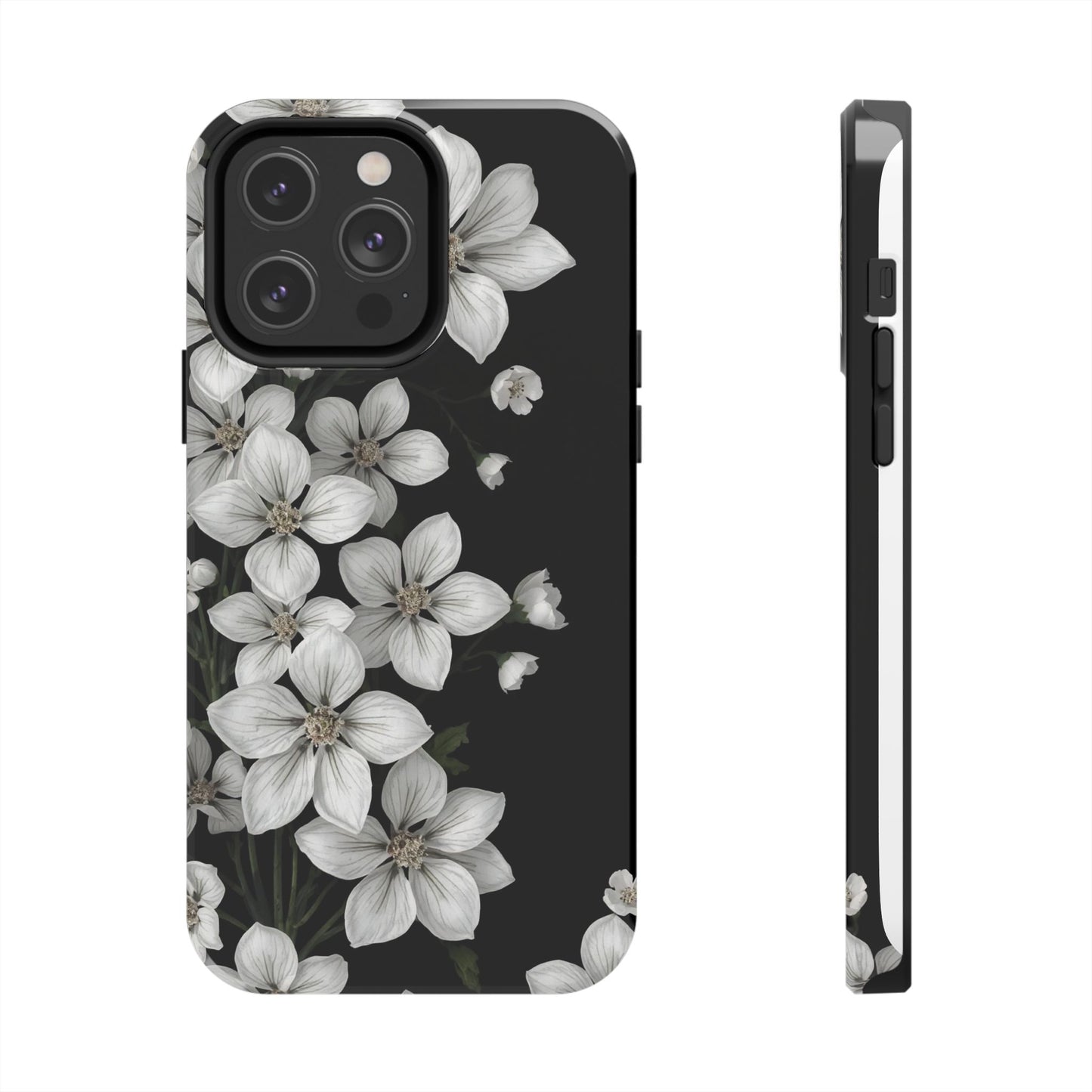 Floral Tough Phone Case - Pure Elegant White Petals on Black Background - for iPhone