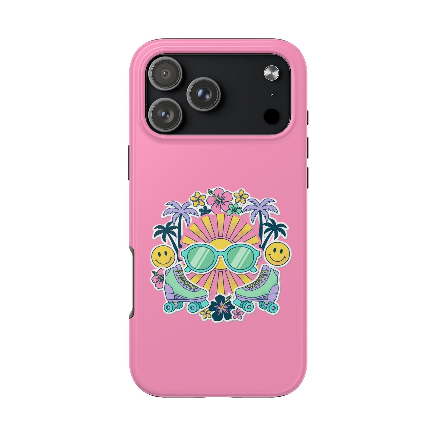 Retro Summer Phone Case — Y2K Palm Trees, Roller Skates & Smiley Collage