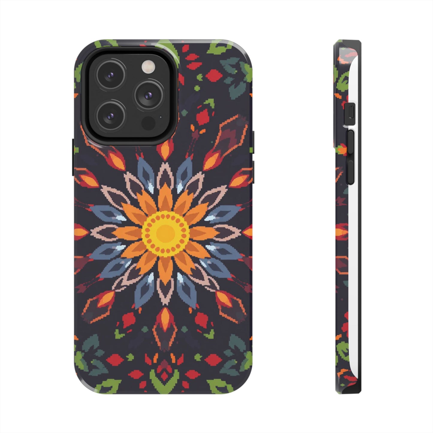 Pixel Art Floral Tough Phone Case - Pixelated Mandala Design for iPhone