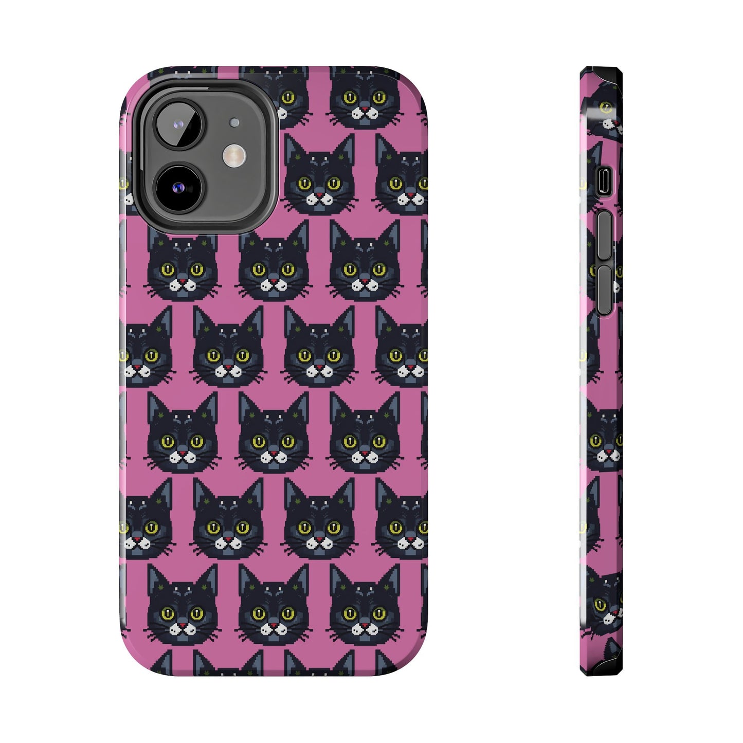 Playful Black Cat on Pink - Tough Phone Case - Pixel Cat Pattern - for iPhone