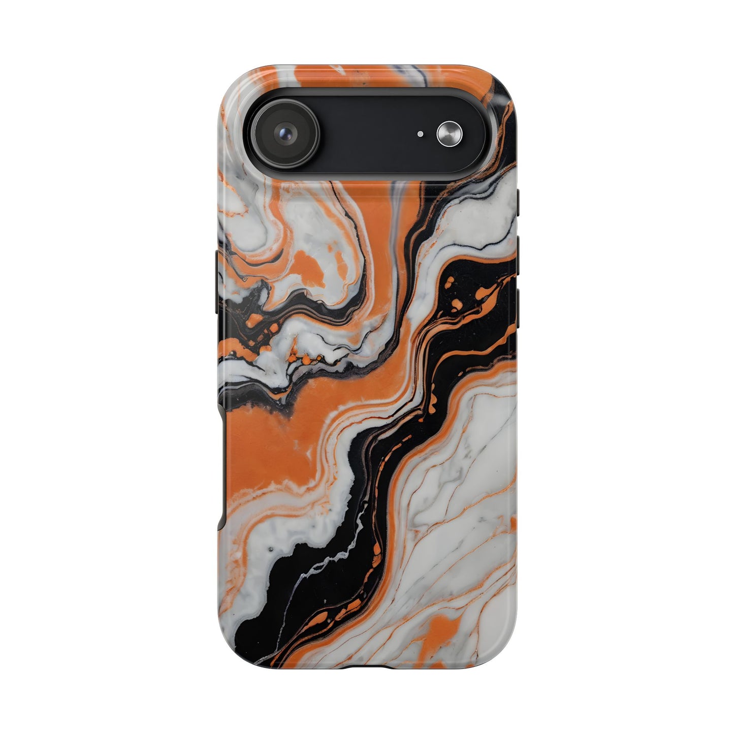 Stylish Tough Phone Case - Elegant Black, White & Orange Marble Design - for iPhone