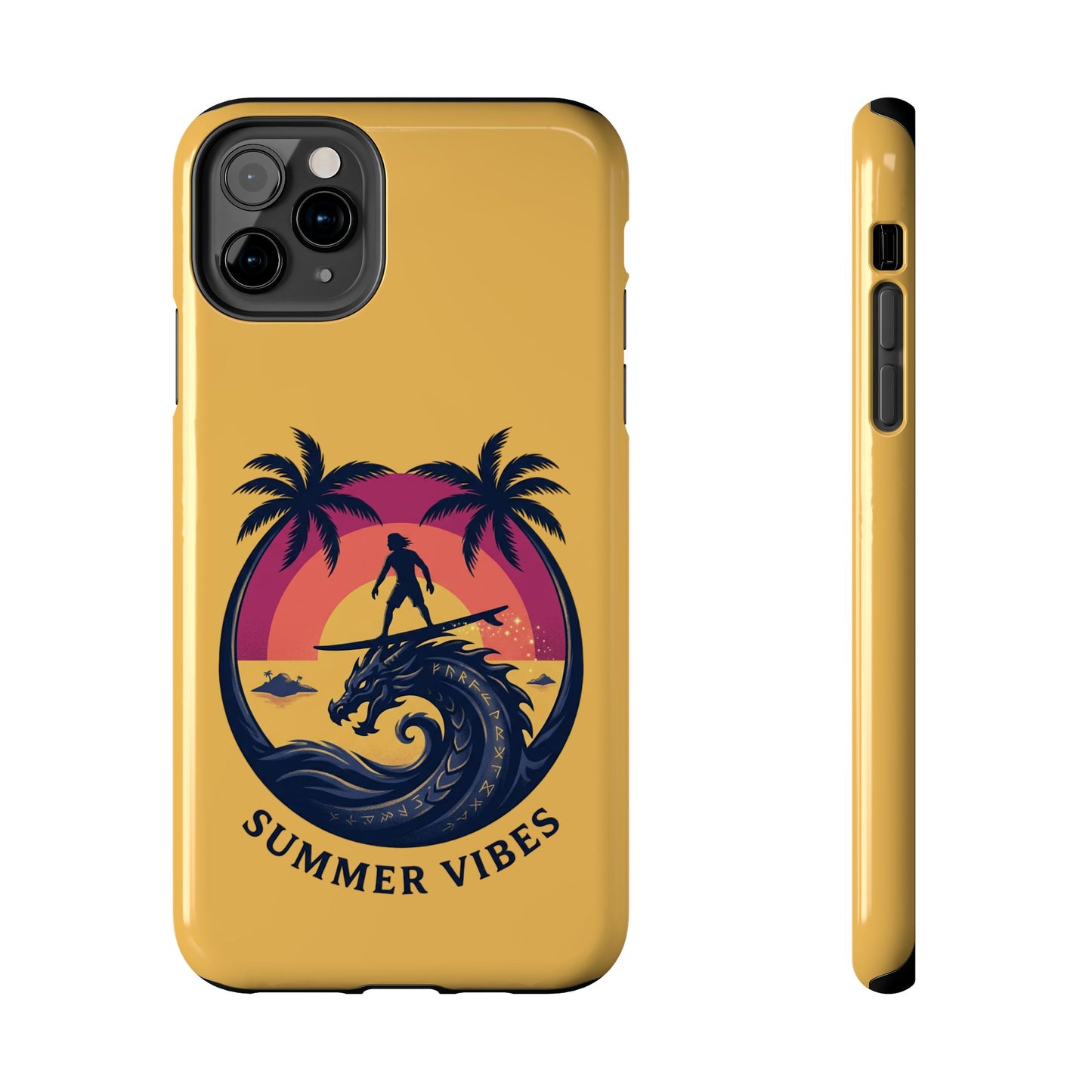 Surfing Dragon Phone Case — Silhouette Surfer with Palms & “Summer Vibes”