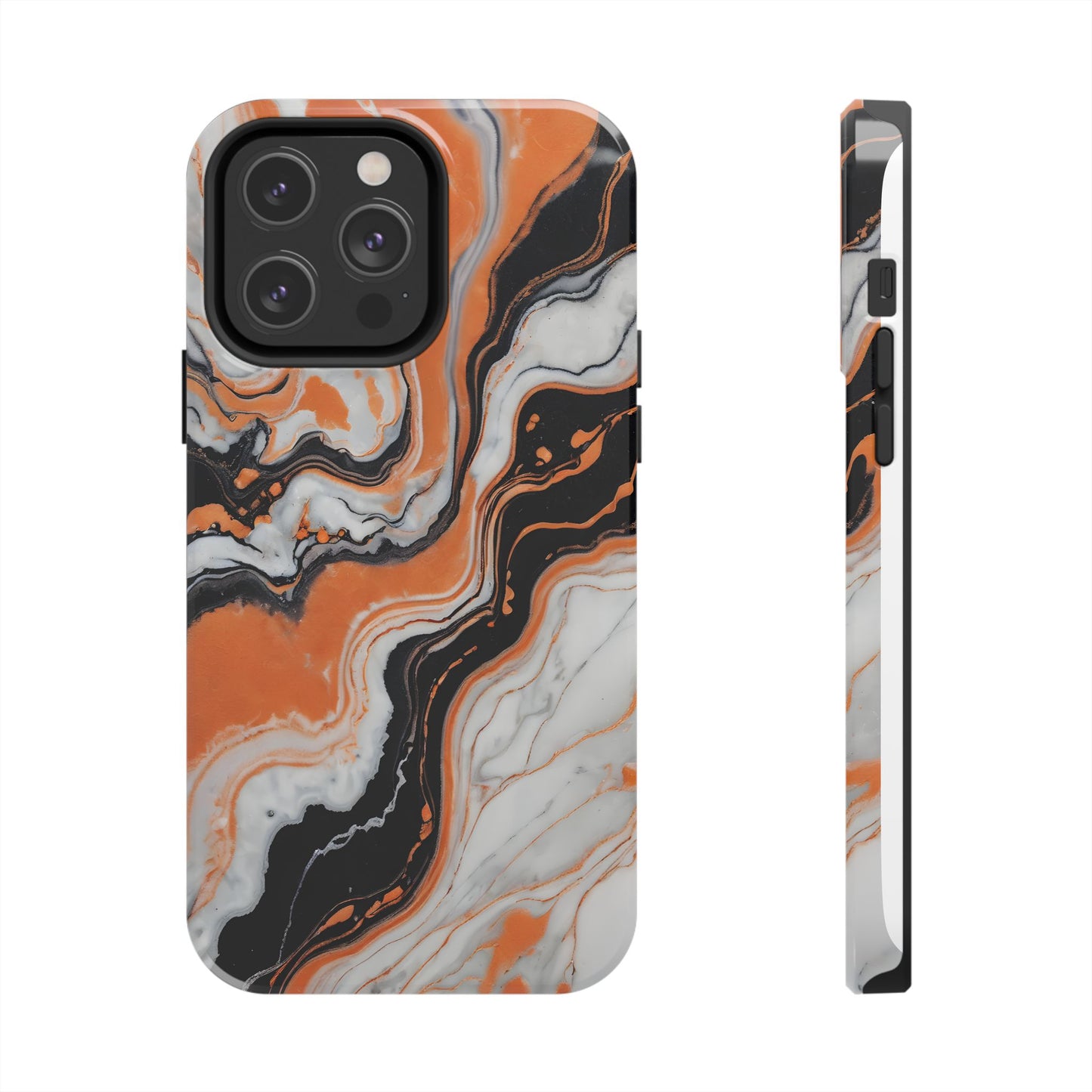 Stylish Tough Phone Case - Elegant Black, White & Orange Marble Design - for iPhone