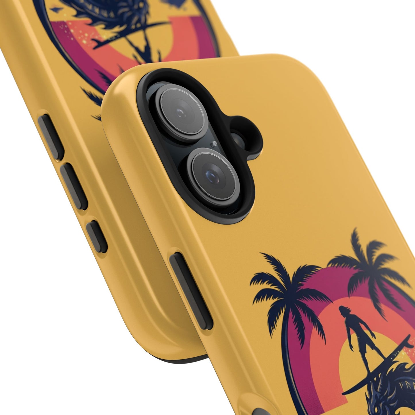 Surfing Dragon Phone Case — Silhouette Surfer with Palms & “Summer Vibes”