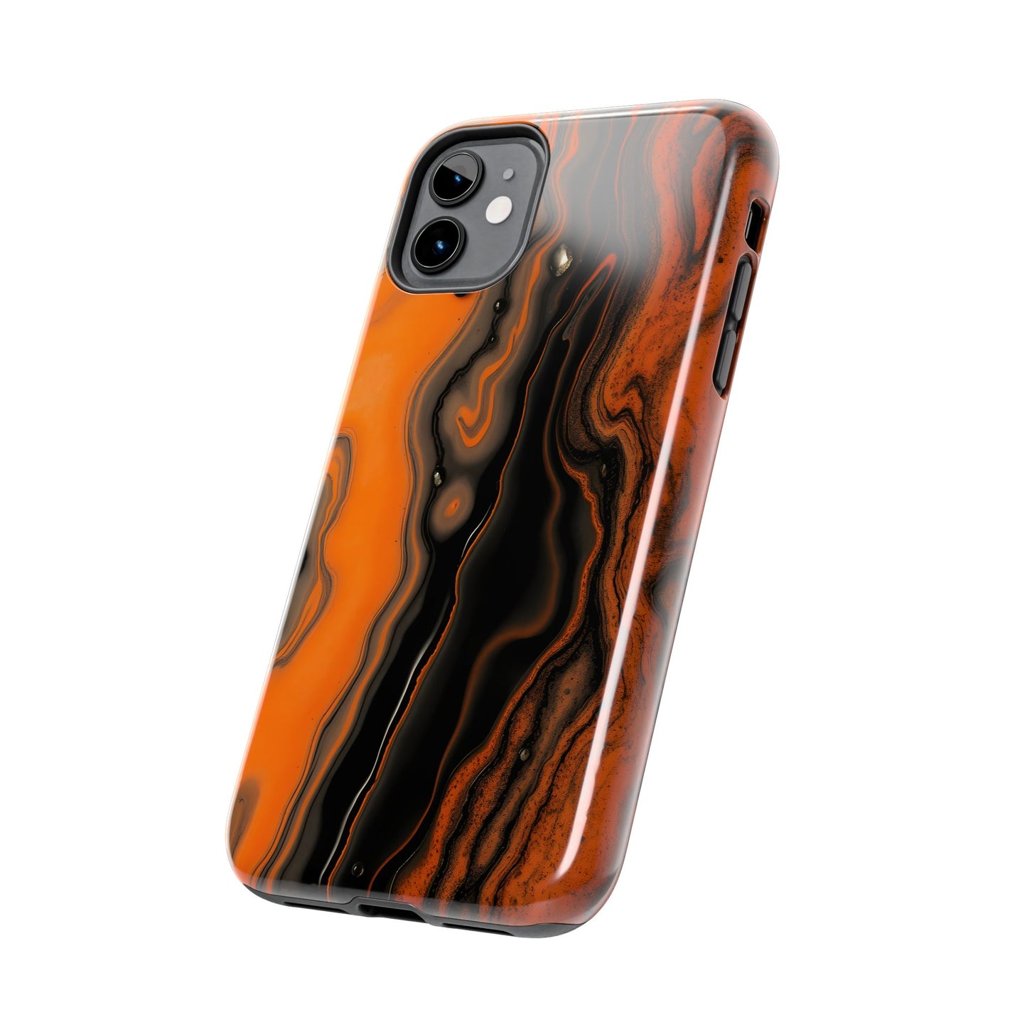 Stylish Tough Phone Case - Bold Black and Orange Metallic Lava Flow Design - for iPhone