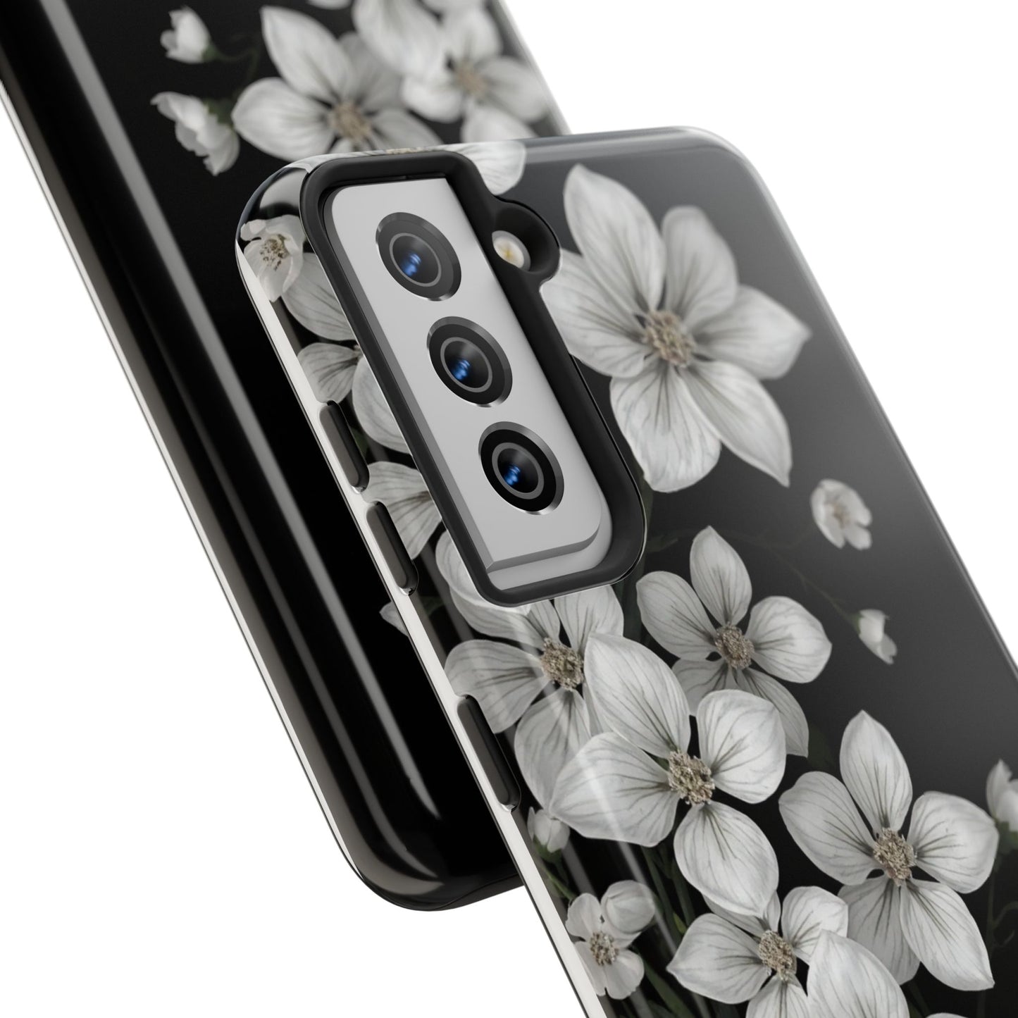 Floral Tough Phone Case - Pure Elegant White Petals on Black Background - for iPhone