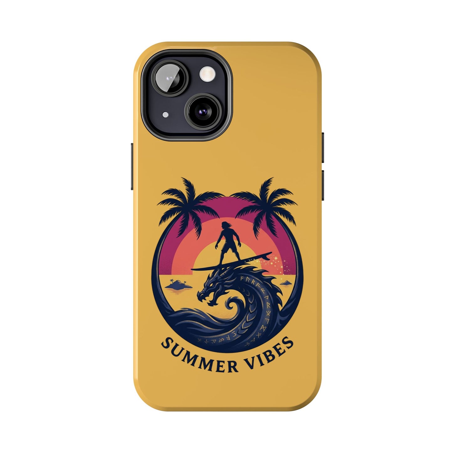 Surfing Dragon Phone Case — Silhouette Surfer with Palms & “Summer Vibes”