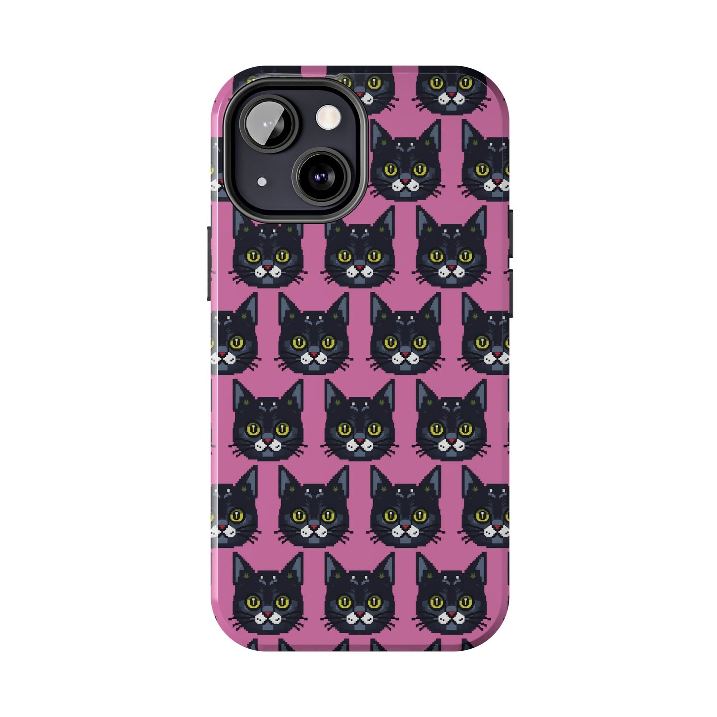 Playful Black Cat on Pink - Tough Phone Case - Pixel Cat Pattern - for iPhone