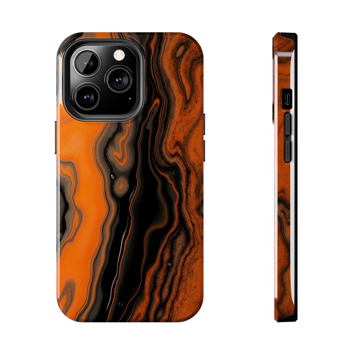 Stylish Tough Phone Case - Bold Black and Orange Metallic Lava Flow Design - for iPhone