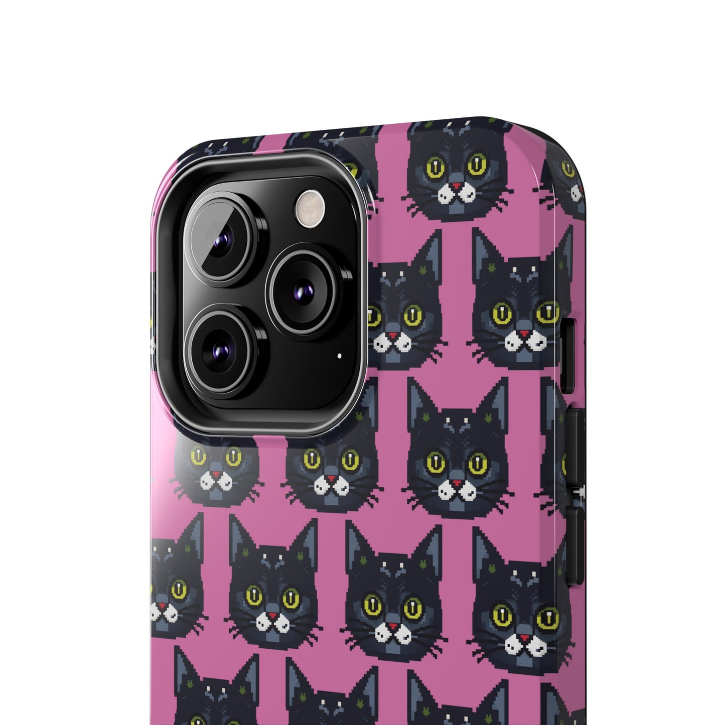 Playful Black Cat on Pink - Tough Phone Case - Pixel Cat Pattern - for iPhone