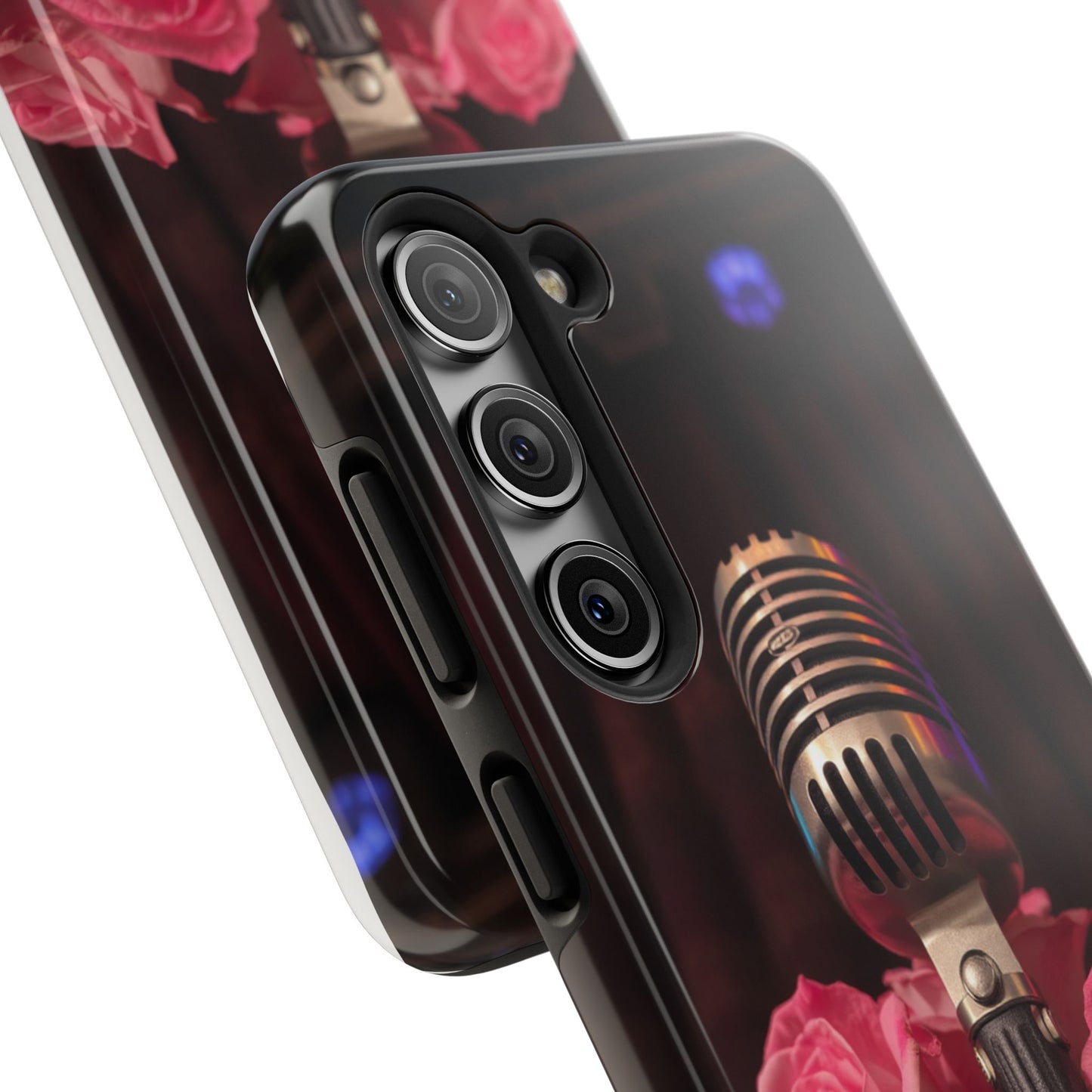 Stylish Tough Phone Case with Vintage Microphone and Roses
