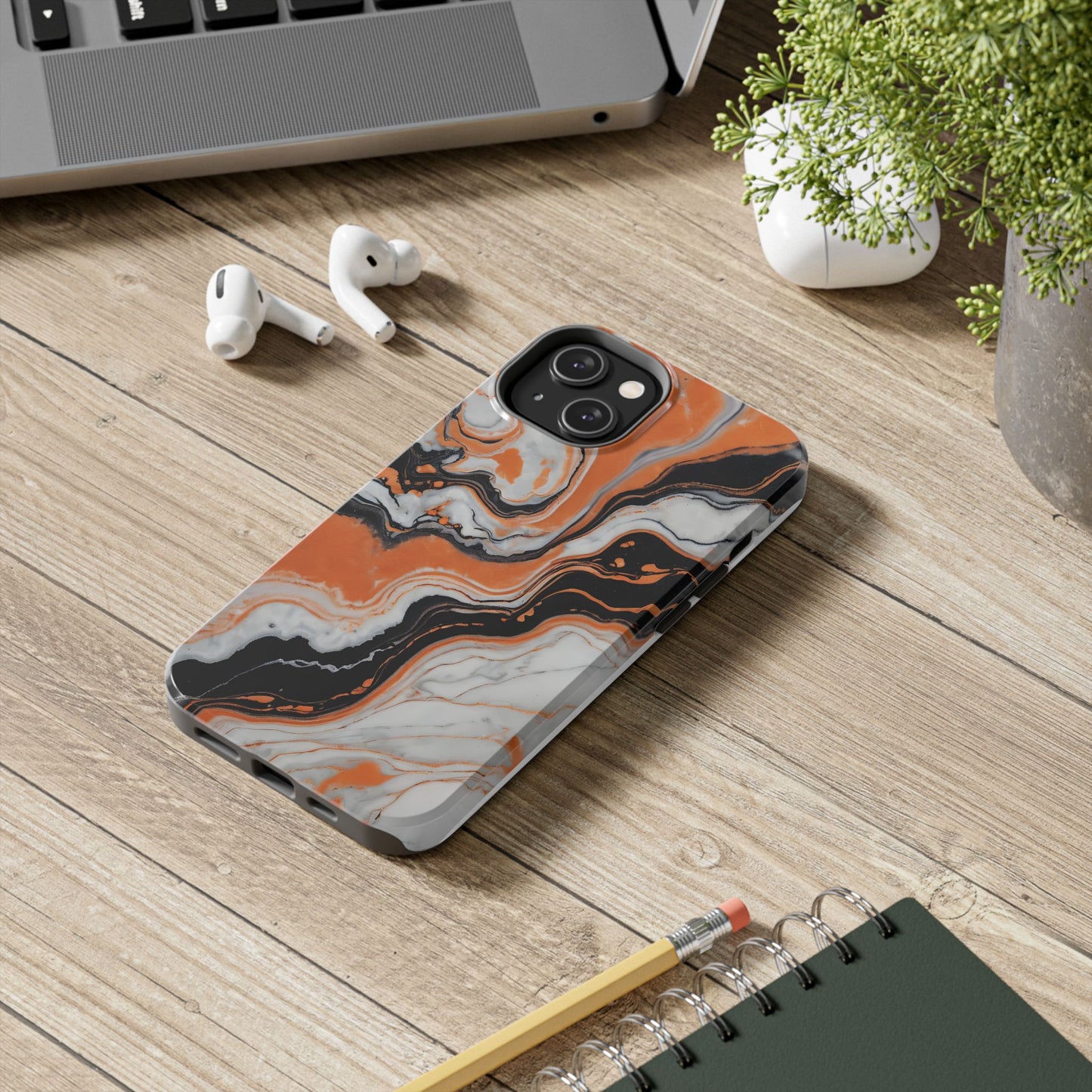 Stylish Tough Phone Case - Elegant Black, White & Orange Marble Design - for iPhone