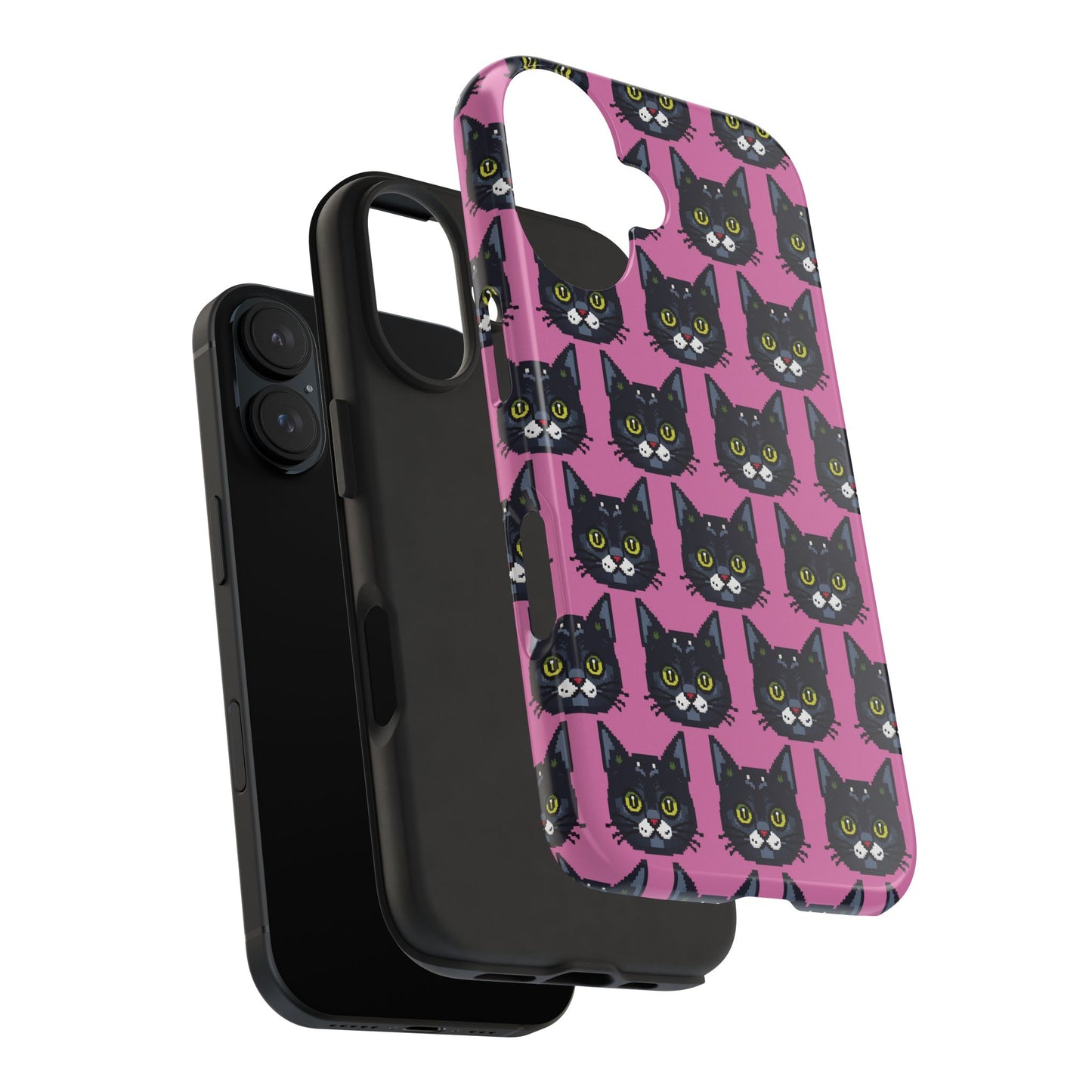 Playful Black Cat on Pink - Tough Phone Case - Pixel Cat Pattern - for iPhone