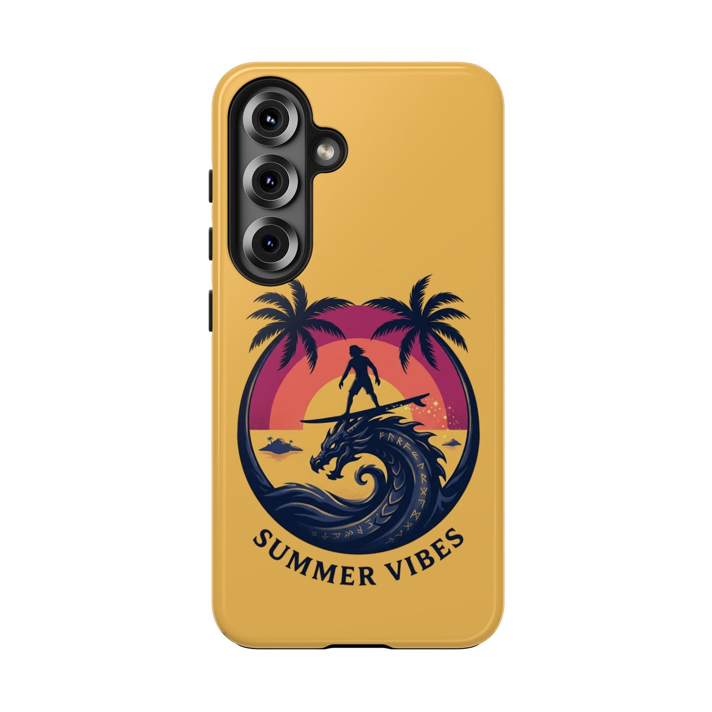 Surfing Dragon Phone Case — Silhouette Surfer with Palms & “Summer Vibes”
