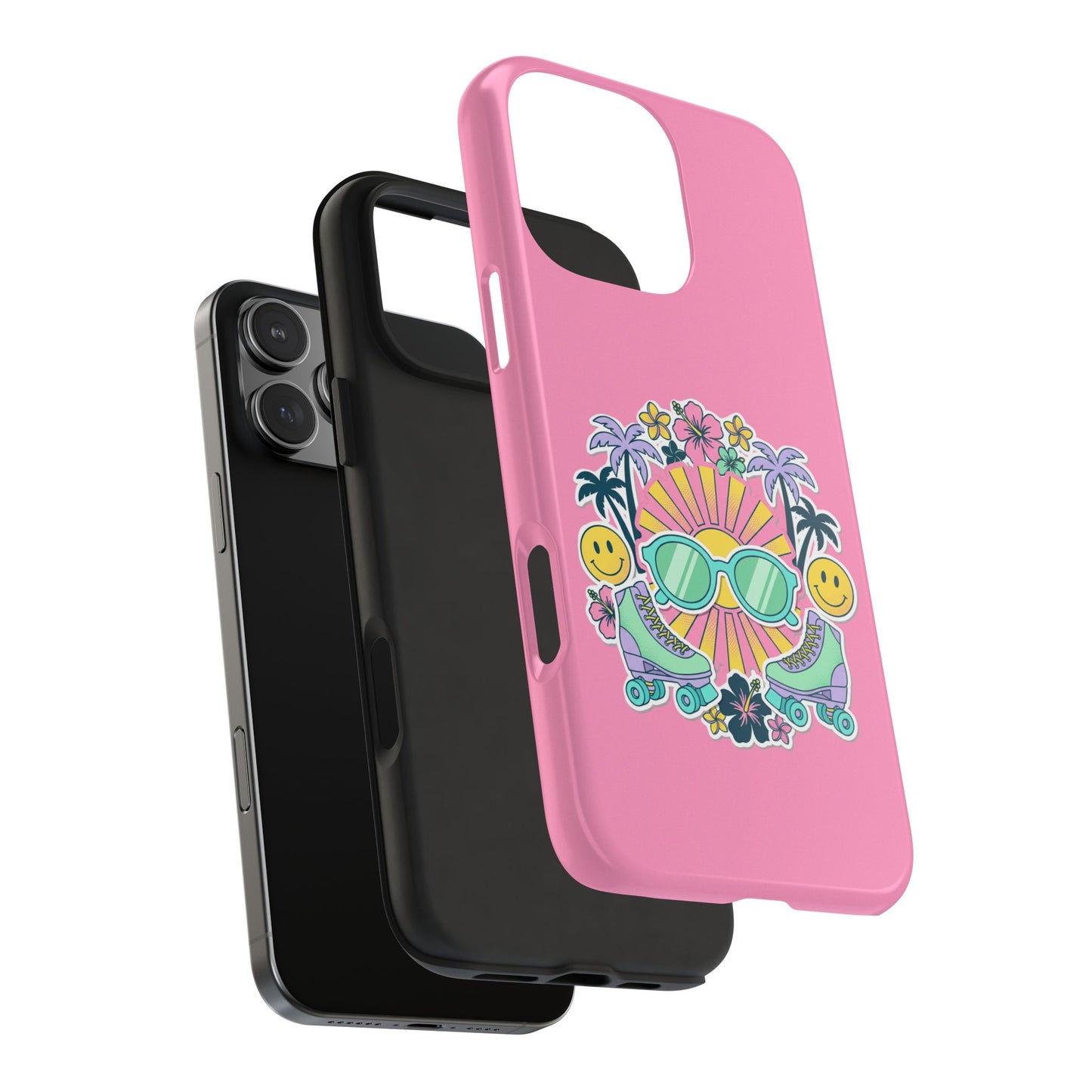 Retro Summer Phone Case — Y2K Palm Trees, Roller Skates & Smiley Collage