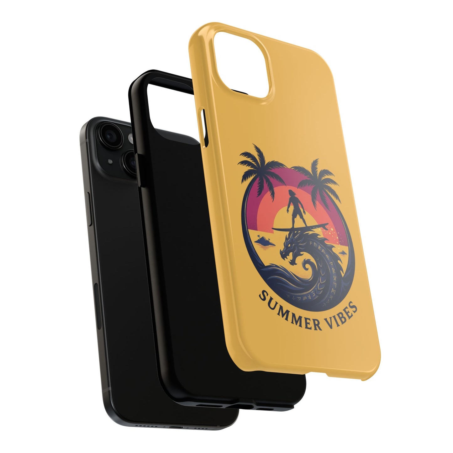 Surfing Dragon Phone Case — Silhouette Surfer with Palms & “Summer Vibes”