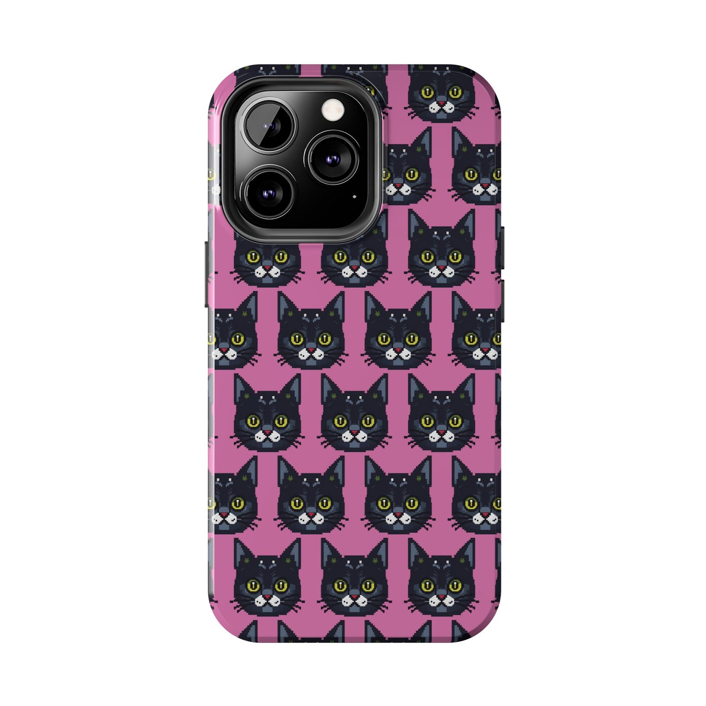 Playful Black Cat on Pink - Tough Phone Case - Pixel Cat Pattern - for iPhone