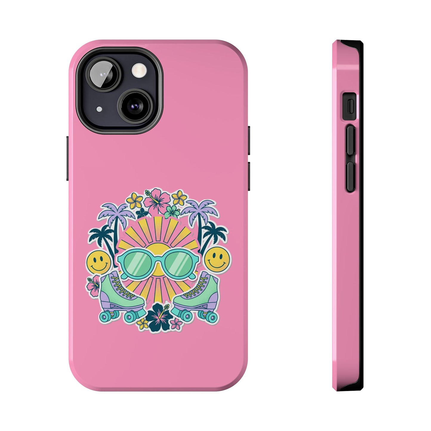 Retro Summer Phone Case — Y2K Palm Trees, Roller Skates & Smiley Collage