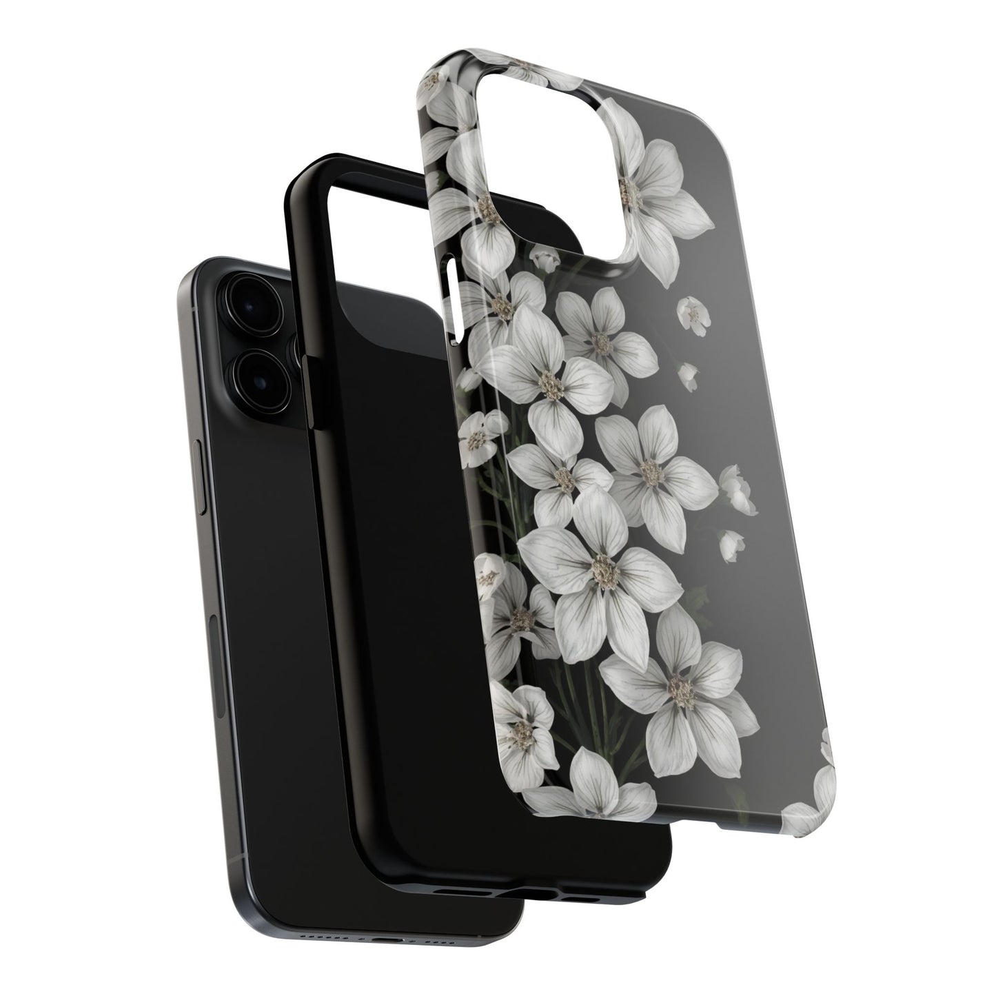 Floral Tough Phone Case - Pure Elegant White Petals on Black Background - for iPhone