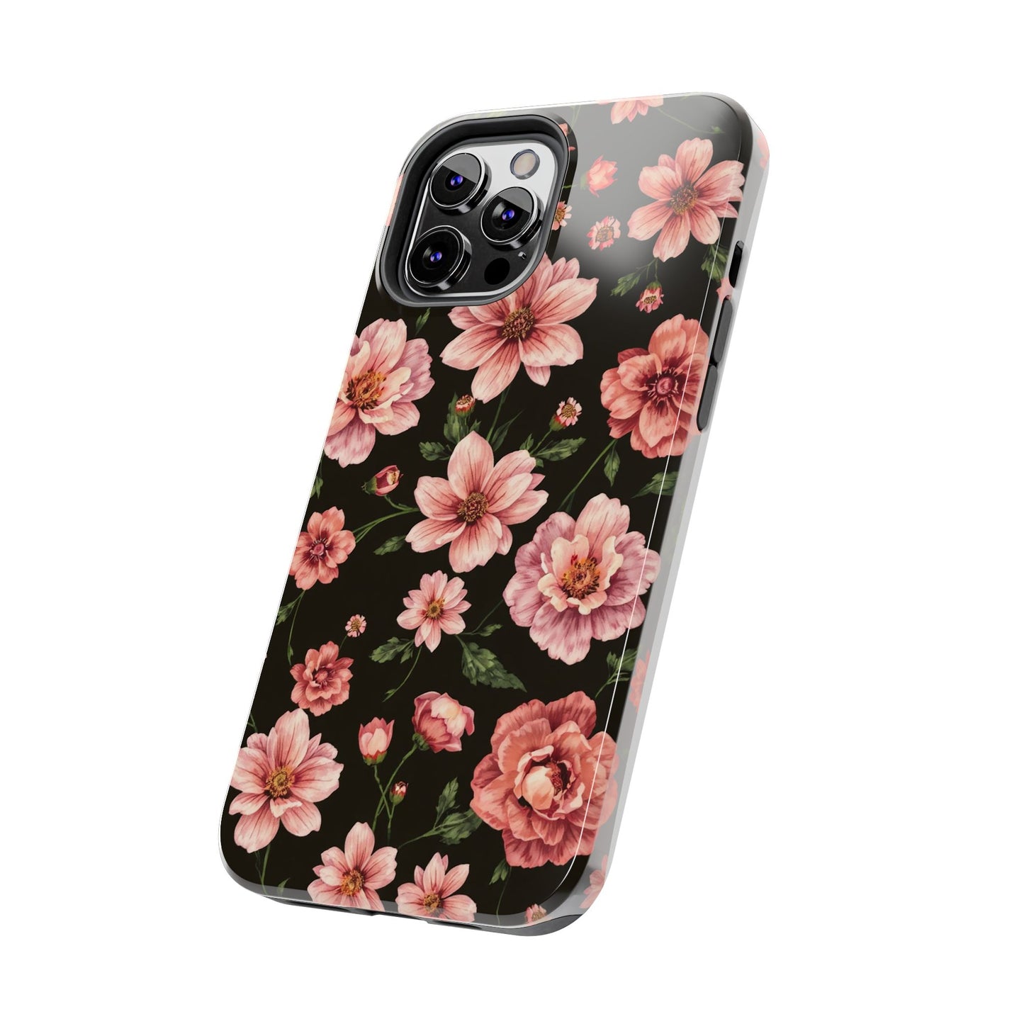Floral Tough Phone Case - Durable Protection with Elegant Pink Flowers on Black Design - for iPhone