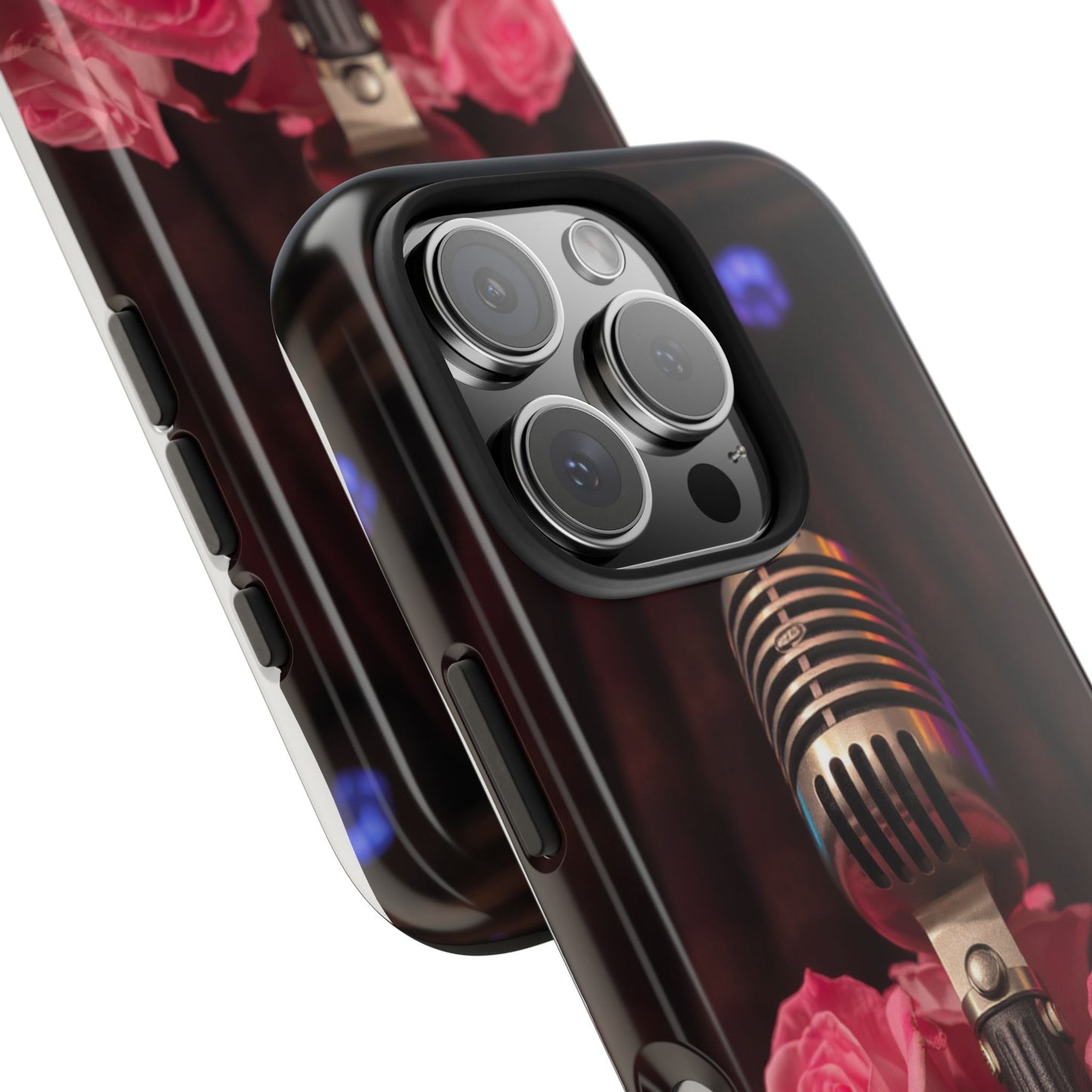 Stylish Tough Phone Case with Vintage Microphone and Roses