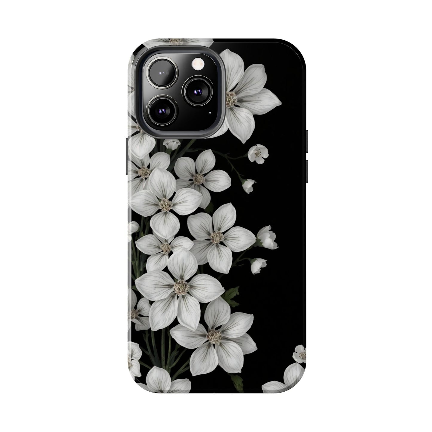 Floral Tough Phone Case - Pure Elegant White Petals on Black Background - for iPhone