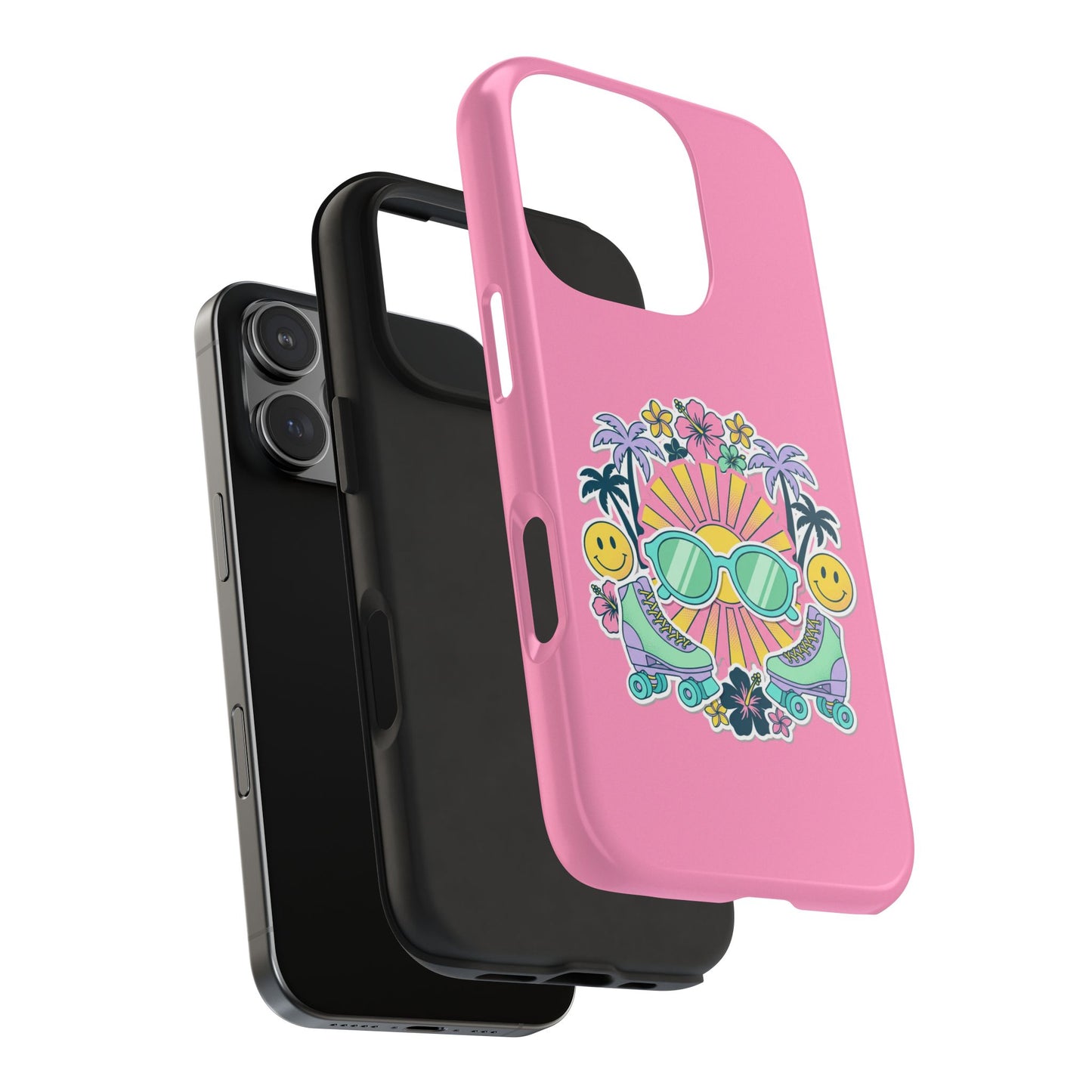 Retro Summer Phone Case — Y2K Palm Trees, Roller Skates & Smiley Collage