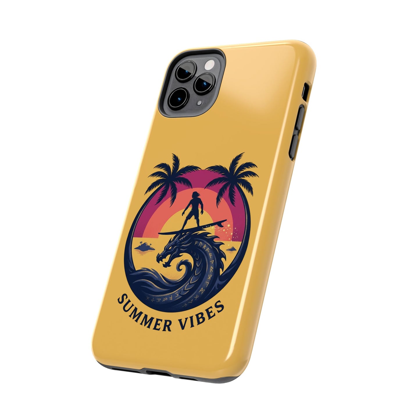 Surfing Dragon Phone Case — Silhouette Surfer with Palms & “Summer Vibes”