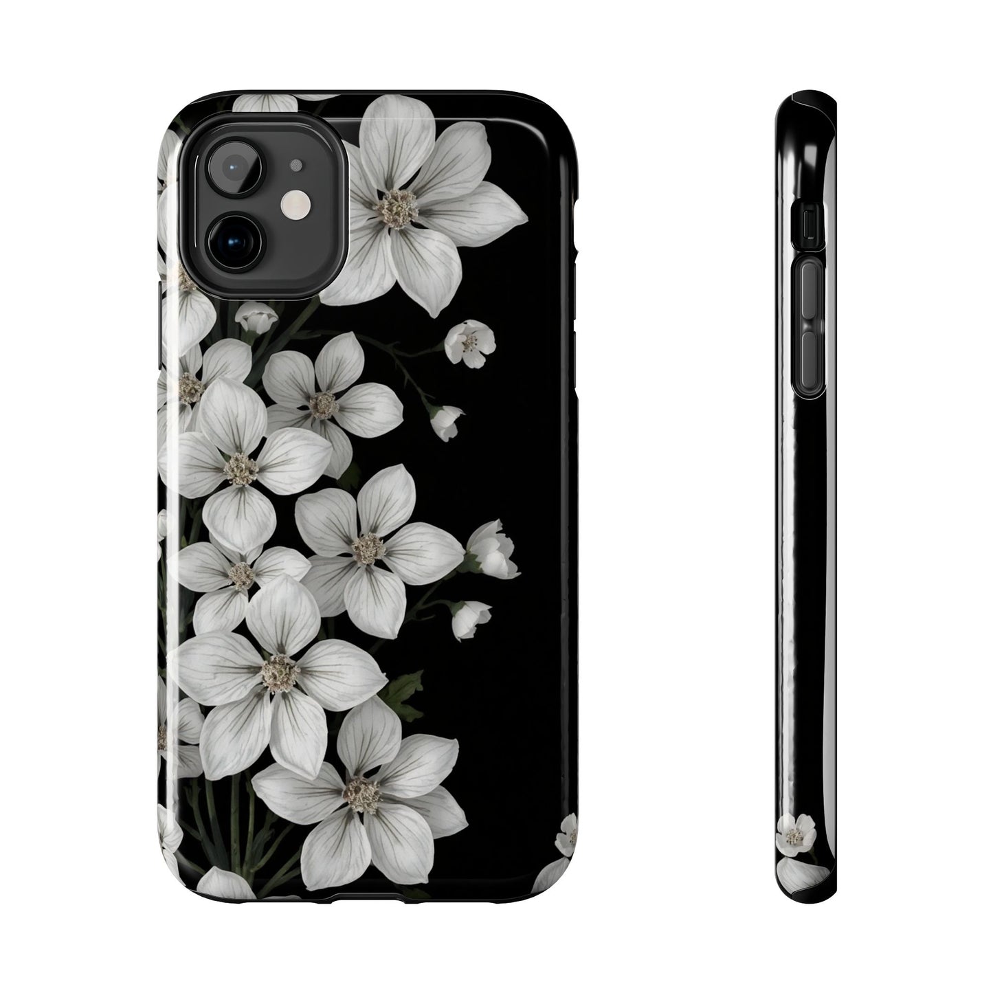 Floral Tough Phone Case - Pure Elegant White Petals on Black Background - for iPhone