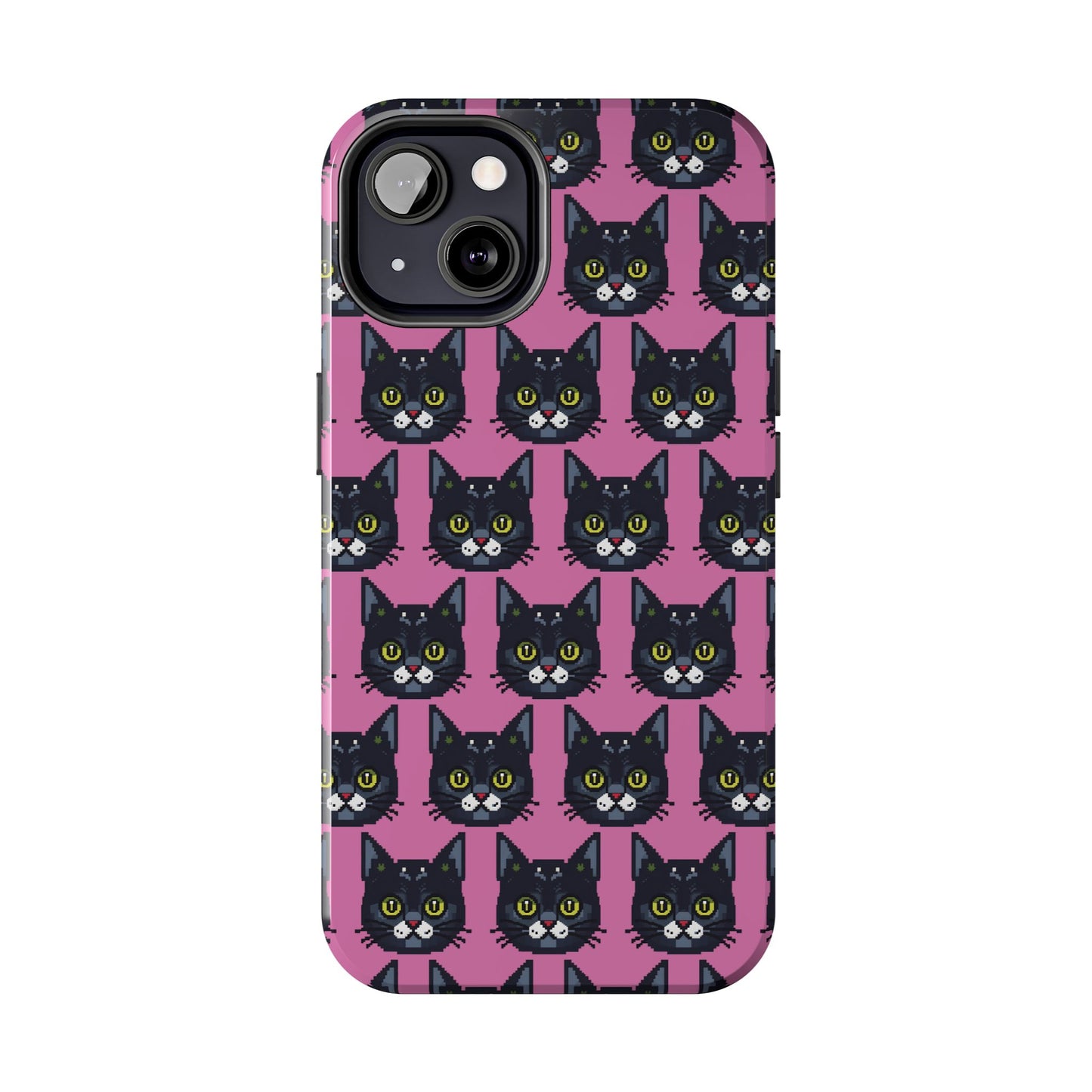 Playful Black Cat on Pink - Tough Phone Case - Pixel Cat Pattern - for iPhone