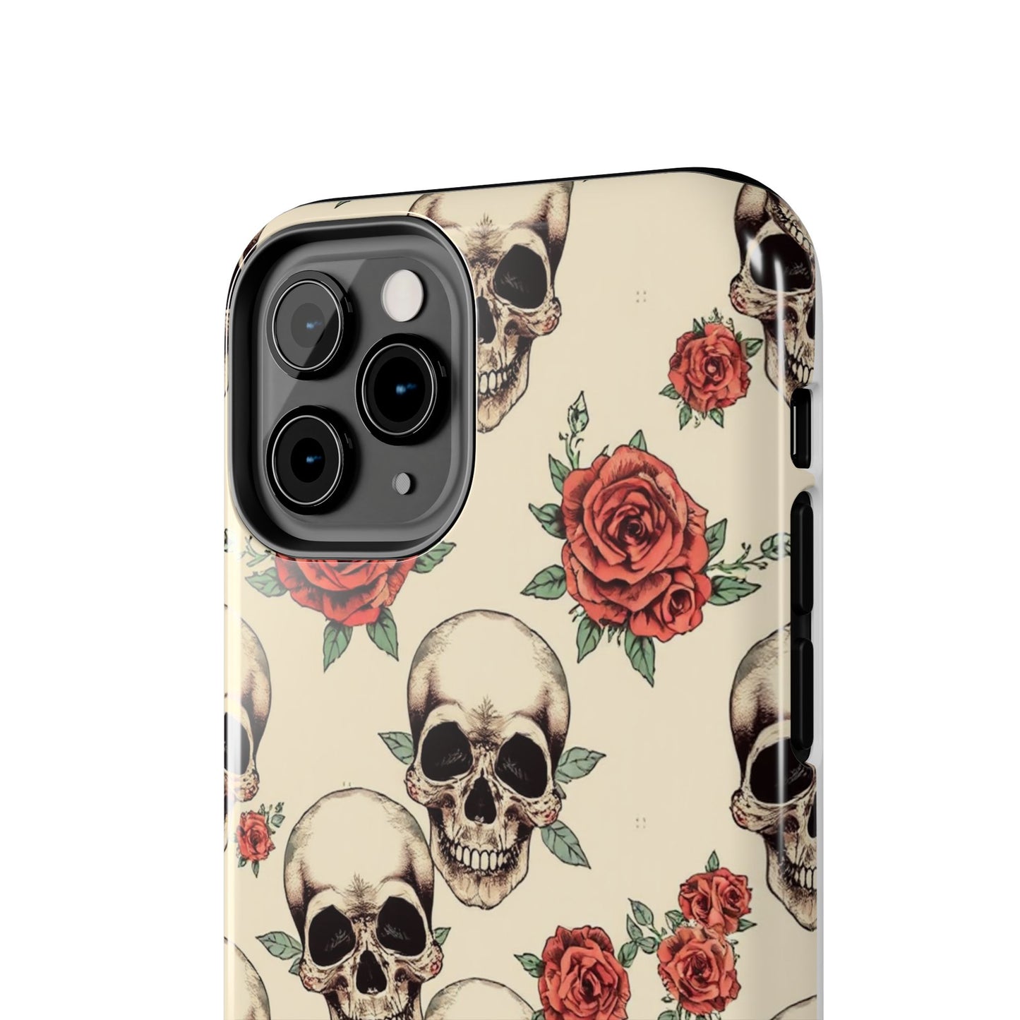 Tough Phone Case with Skull and Rose Design - Edgy Floral iPhone Protection