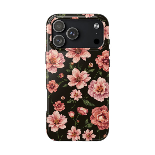 Floral Tough Phone Case - Durable Protection with Elegant Pink Flowers on Black Design - for iPhone