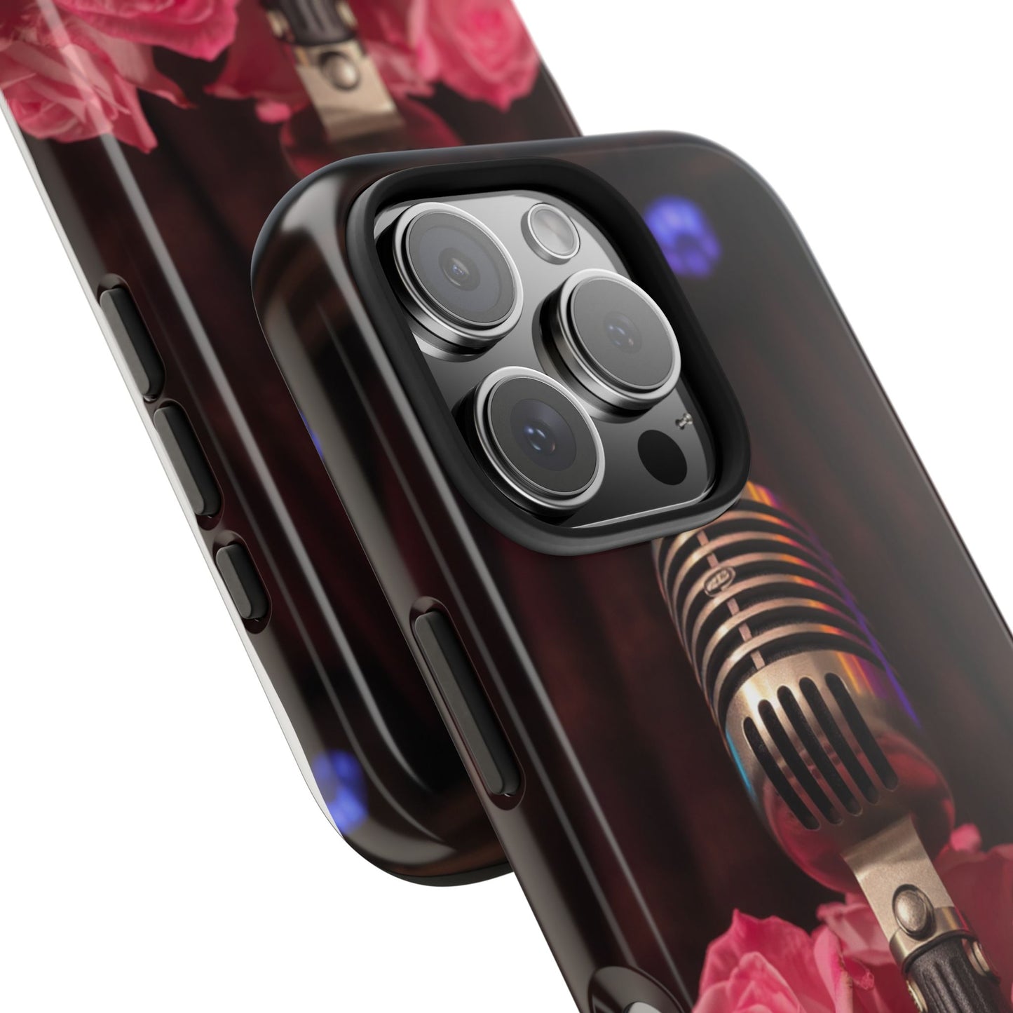 Stylish Tough Phone Case with Vintage Microphone and Roses