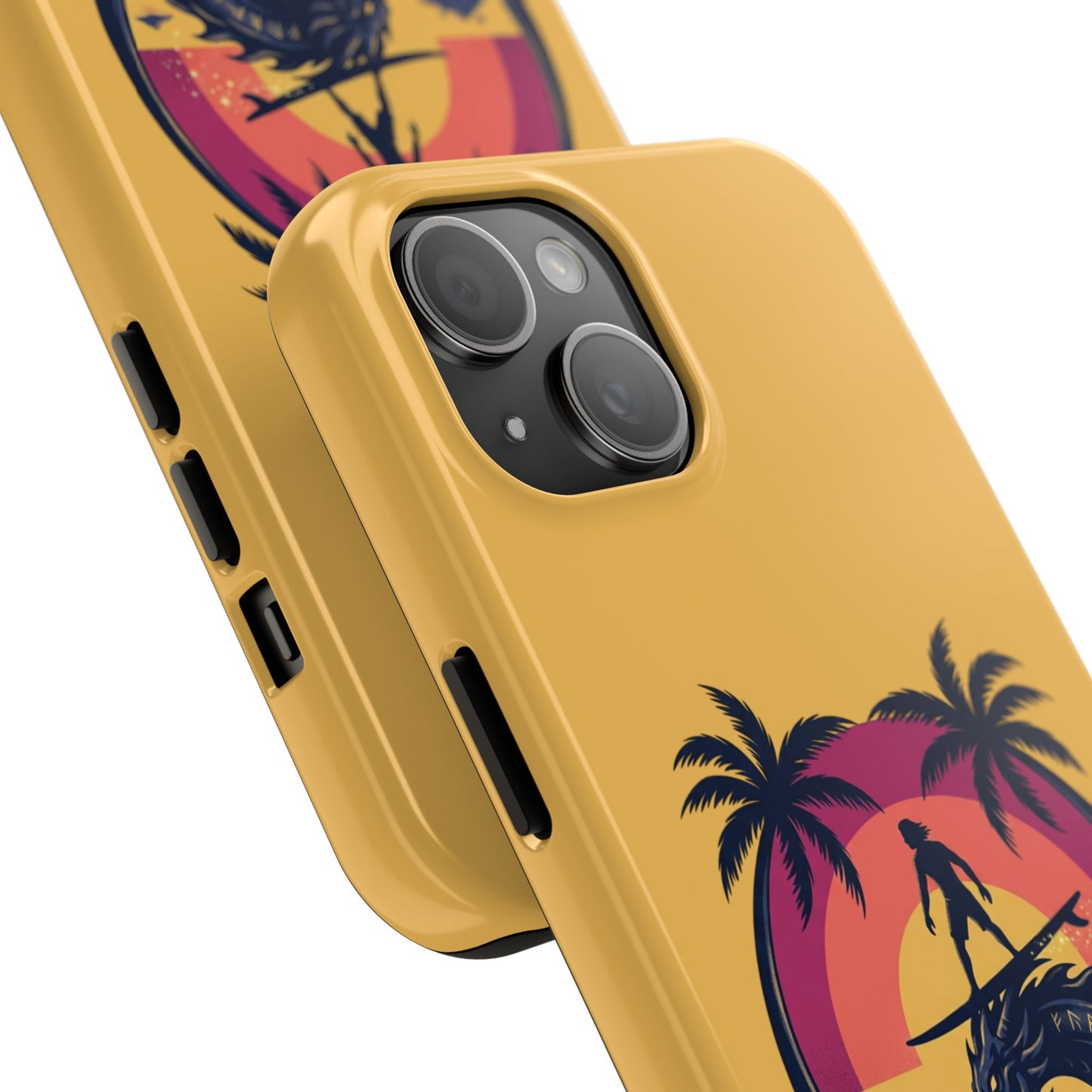 Surfing Dragon Phone Case — Silhouette Surfer with Palms & “Summer Vibes”