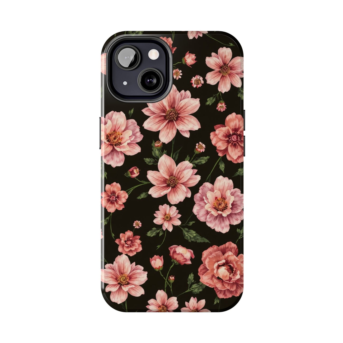 Floral Tough Phone Case - Durable Protection with Elegant Pink Flowers on Black Design - for iPhone