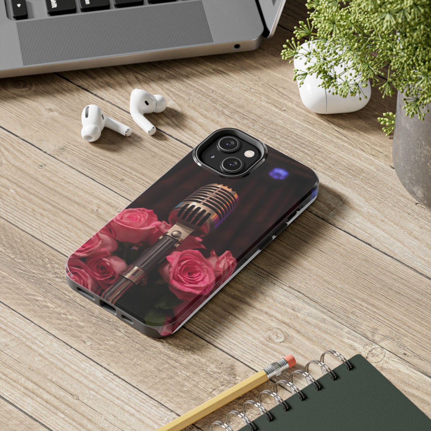 Stylish Tough Phone Case with Vintage Microphone and Roses