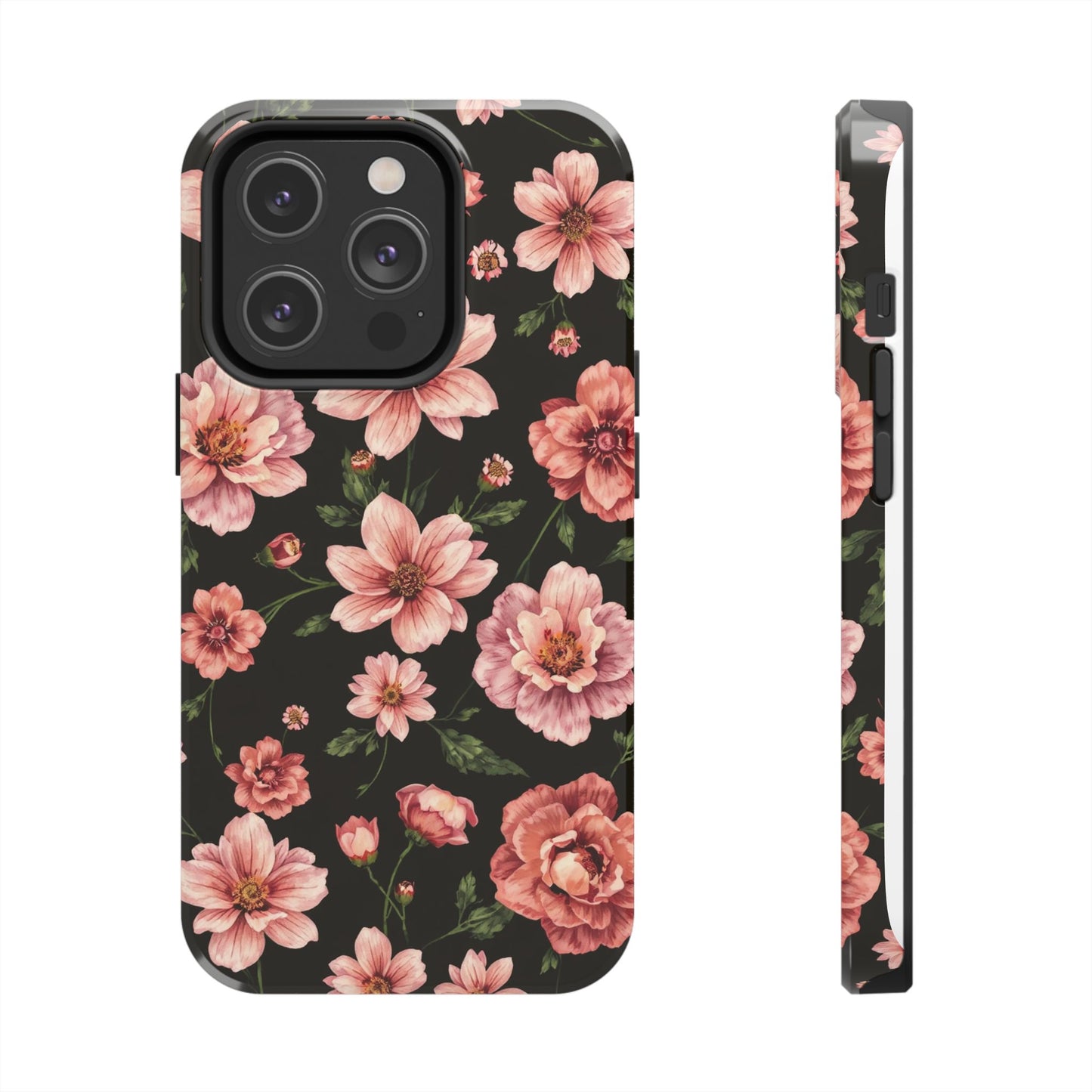 Floral Tough Phone Case - Durable Protection with Elegant Pink Flowers on Black Design - for iPhone