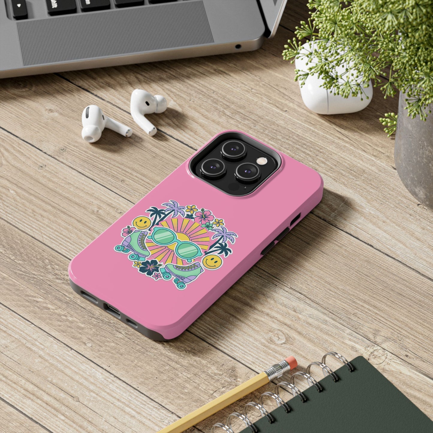Retro Summer Phone Case — Y2K Palm Trees, Roller Skates & Smiley Collage