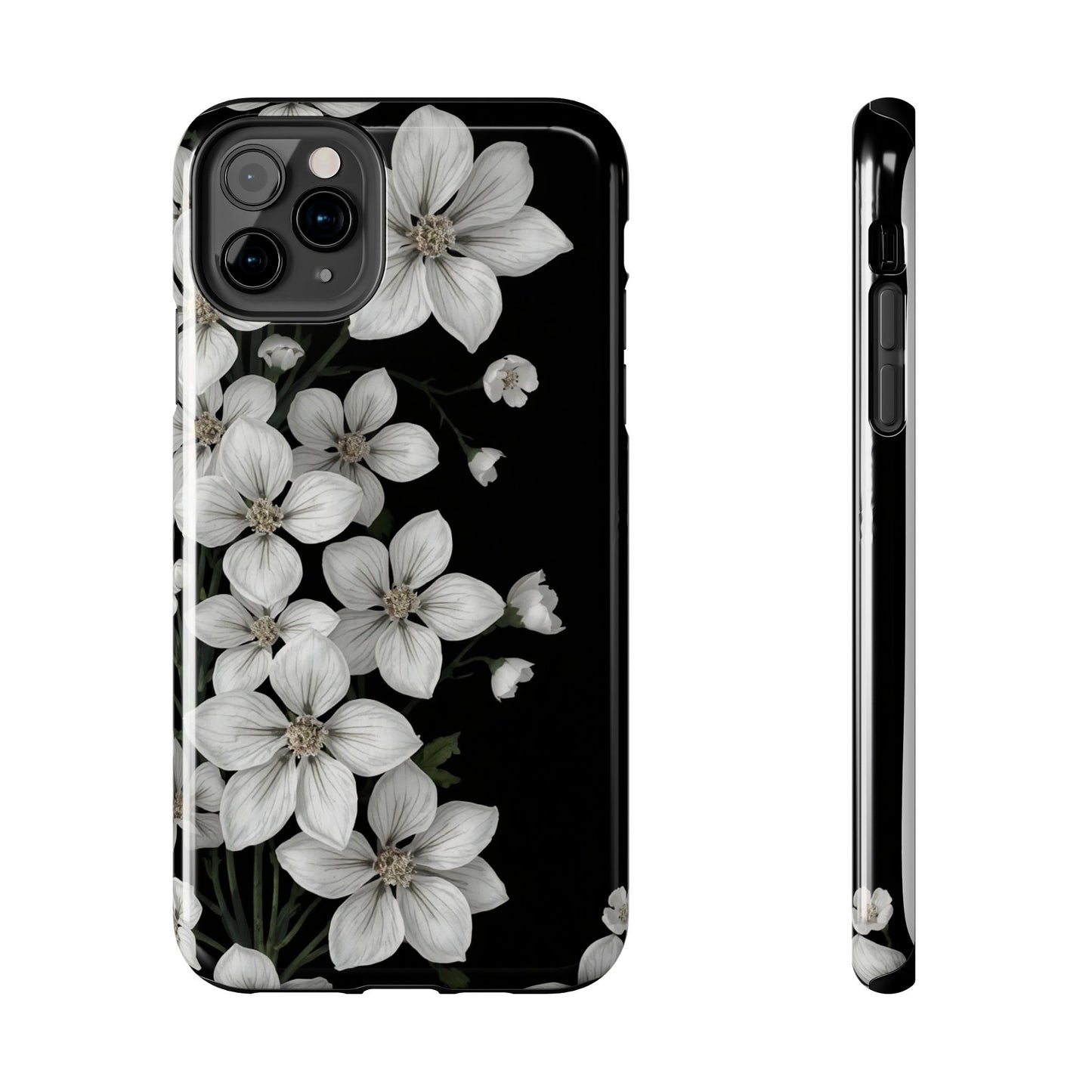 Floral Tough Phone Case - Pure Elegant White Petals on Black Background - for iPhone