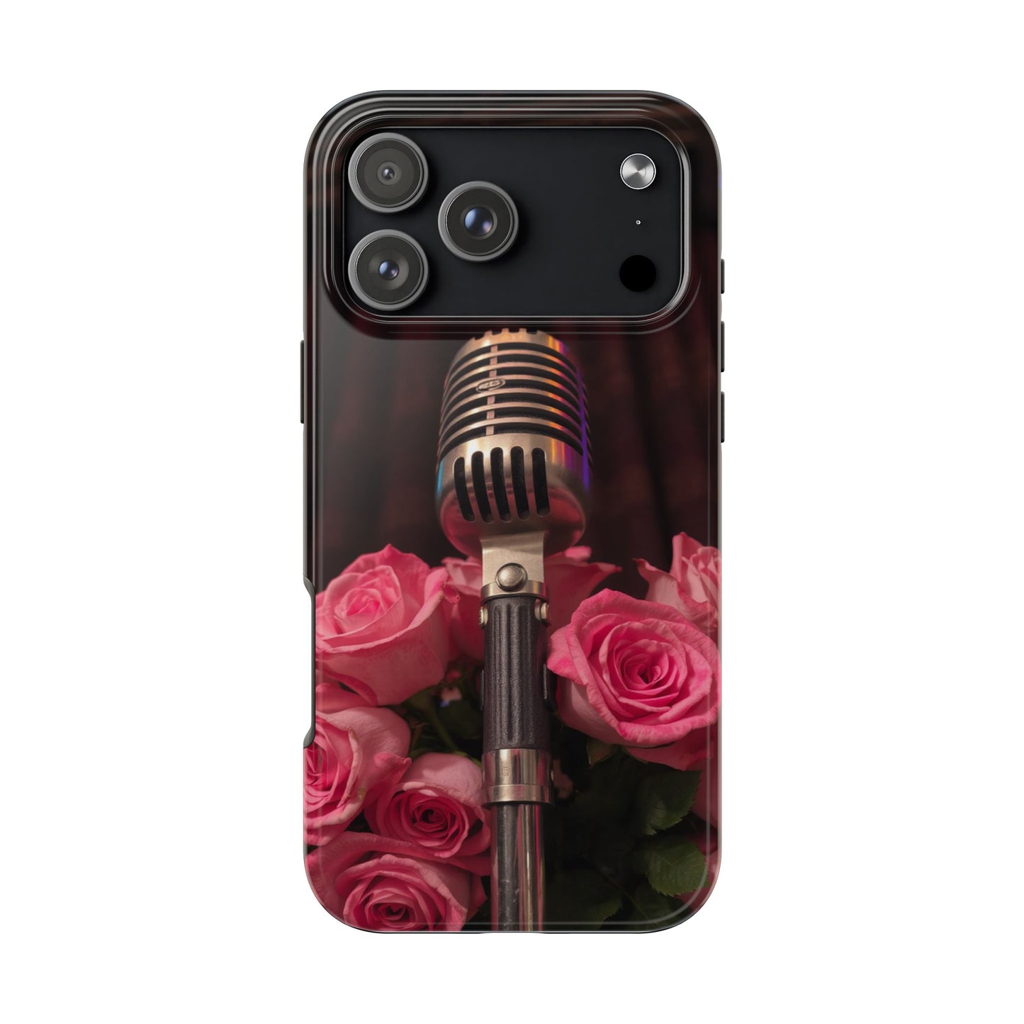 Stylish Tough Phone Case with Vintage Microphone and Roses