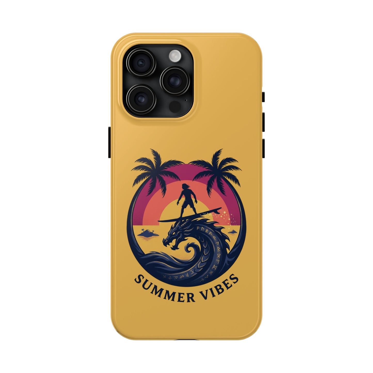 Surfing Dragon Phone Case — Silhouette Surfer with Palms & “Summer Vibes”