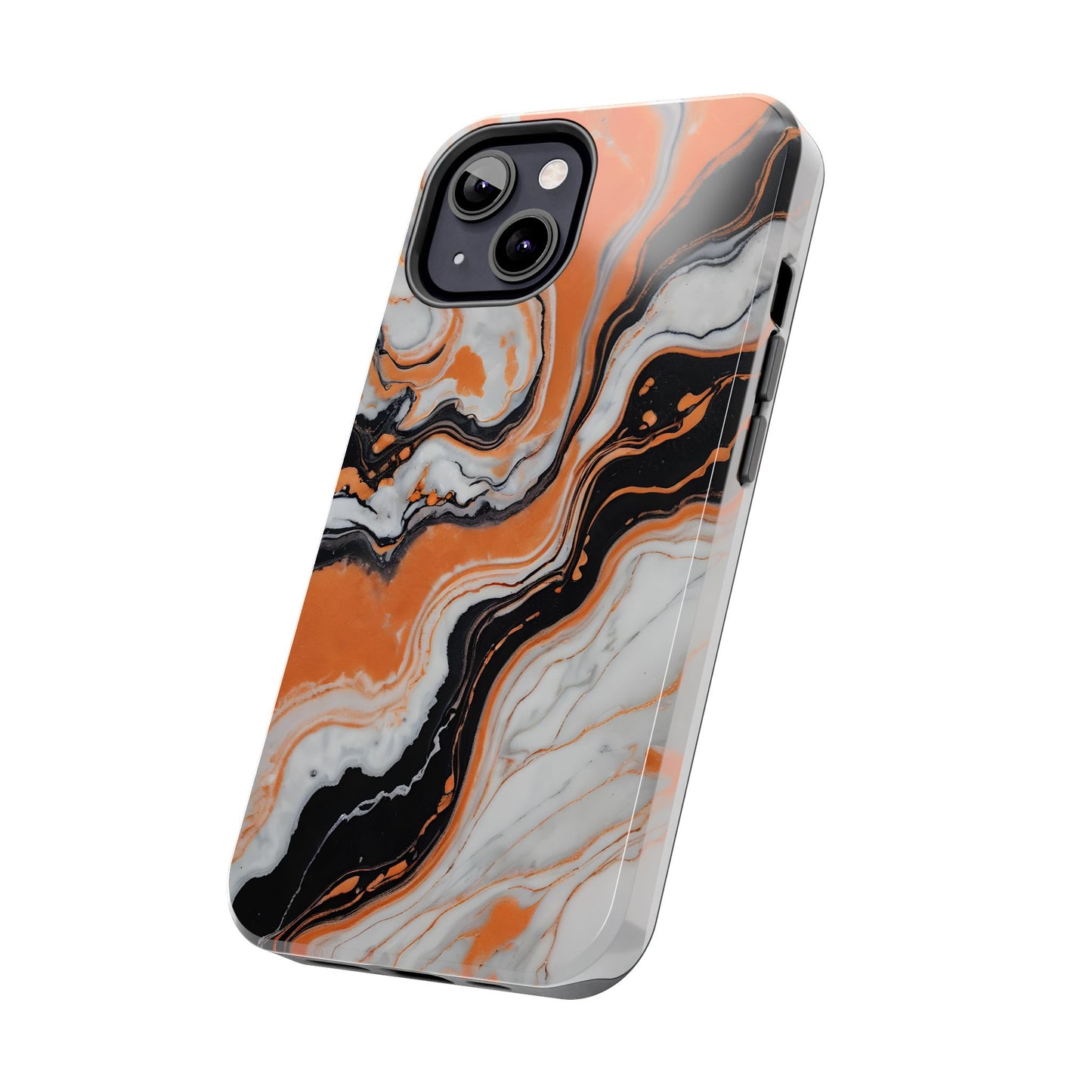 Stylish Tough Phone Case - Elegant Black, White & Orange Marble Design - for iPhone