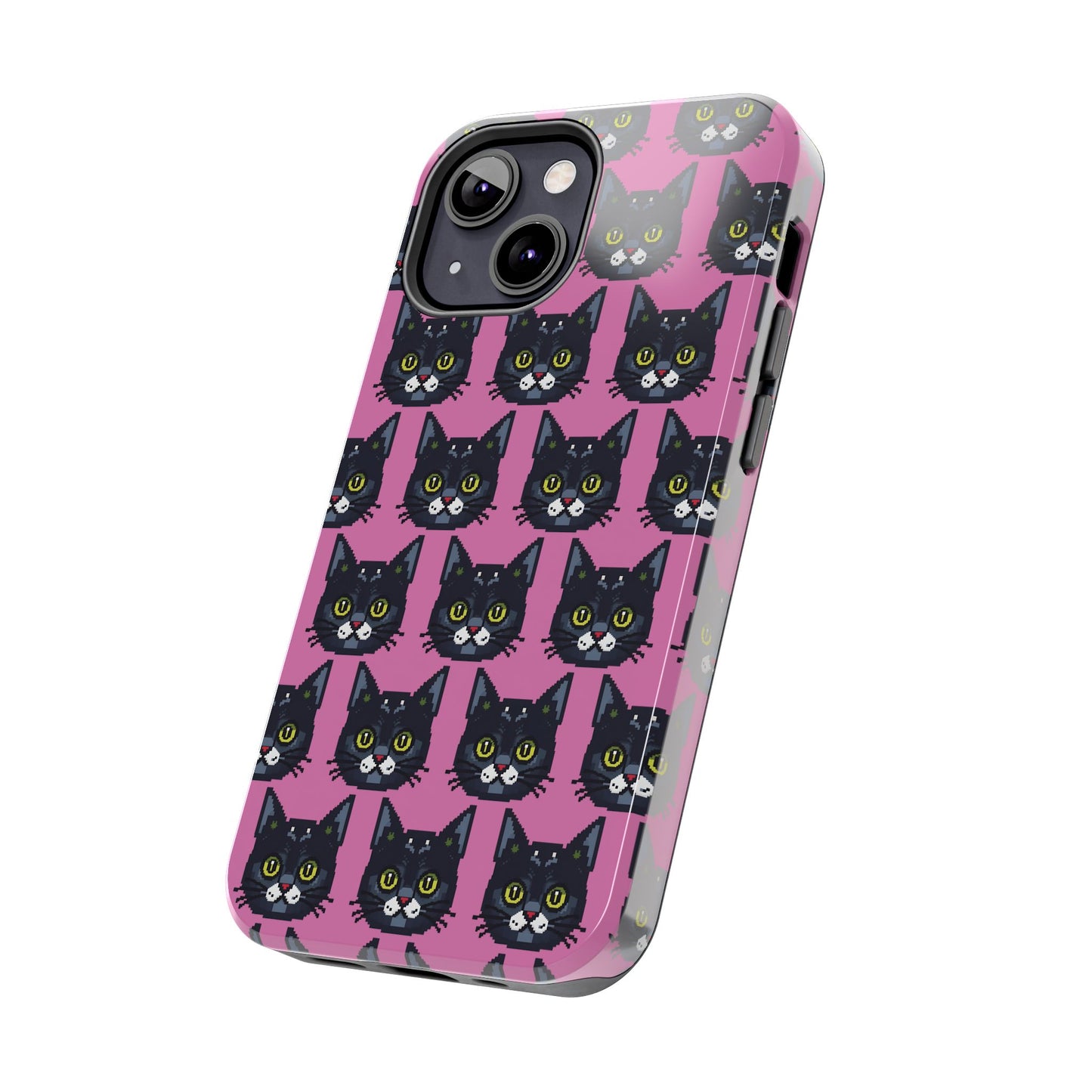 Playful Black Cat on Pink - Tough Phone Case - Pixel Cat Pattern - for iPhone