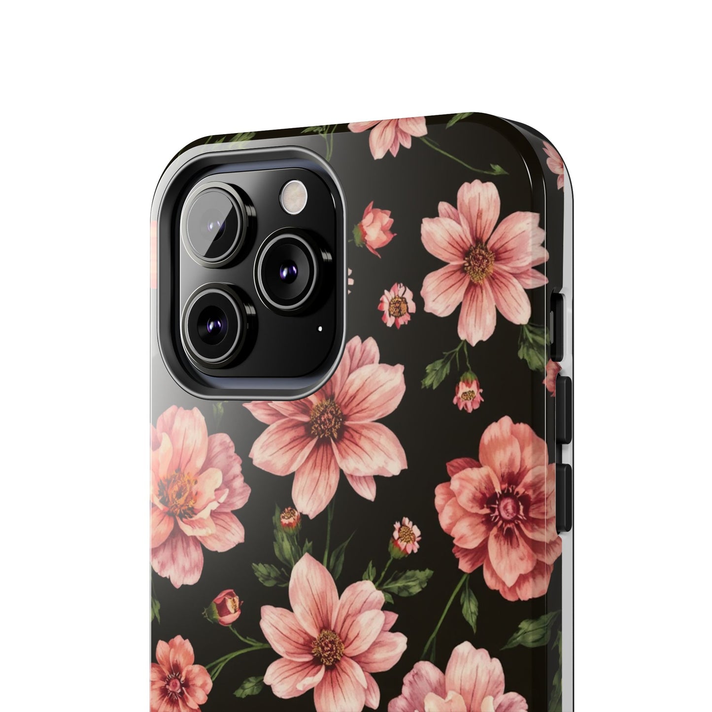 Floral Tough Phone Case - Durable Protection with Elegant Pink Flowers on Black Design - for iPhone